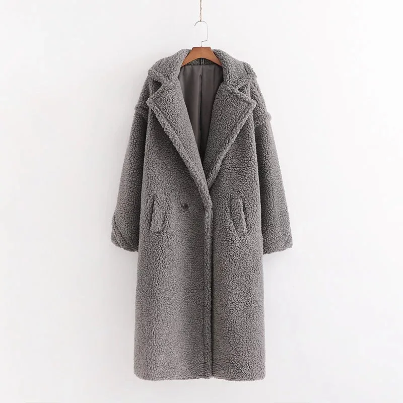 Winter Notched Collar Hairy Shaggy Faux Fur Long Teddy Coat Ivory Woman Shearling Fluffy X-Long Jackets Keep Warm Outerwear