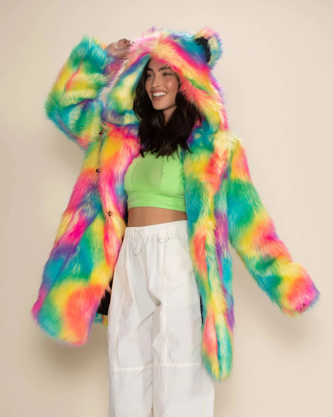 Colorful Faux Fox Fur Hooded Fluffy Teddy Ear Coat For Women Jackets Outwear Long Sleeve Warm Winter Coats Street Casual Coats