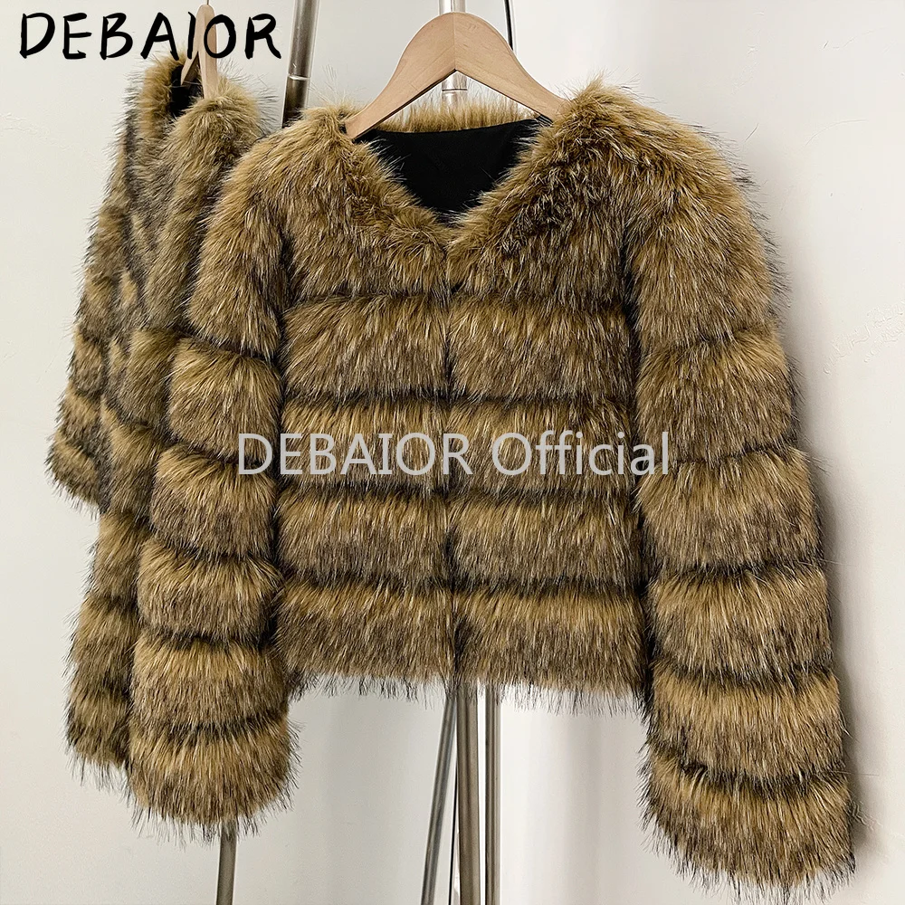 DEABRIOR Women Fake Fur Cropped Jacket V-Neck Long Sleeve Faux Fur Coat New Luxury Winter Warm Fluffy Short Outerwear Female