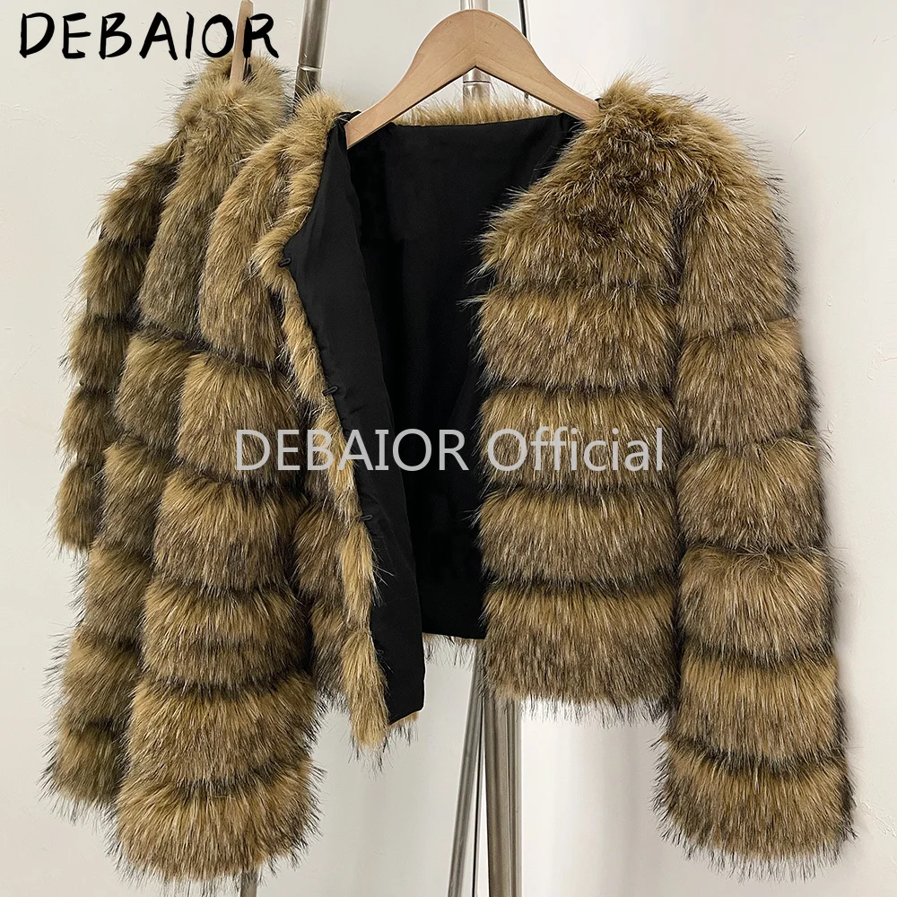 DEABRIOR Women Fake Fur Cropped Jacket V-Neck Long Sleeve Faux Fur Coat New Luxury Winter Warm Fluffy Short Outerwear Female