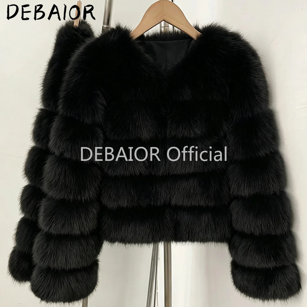 DEABRIOR Women Fake Fur Cropped Jacket V-Neck Long Sleeve Faux Fur Coat New Luxury Winter Warm Fluffy Short Outerwear Female
