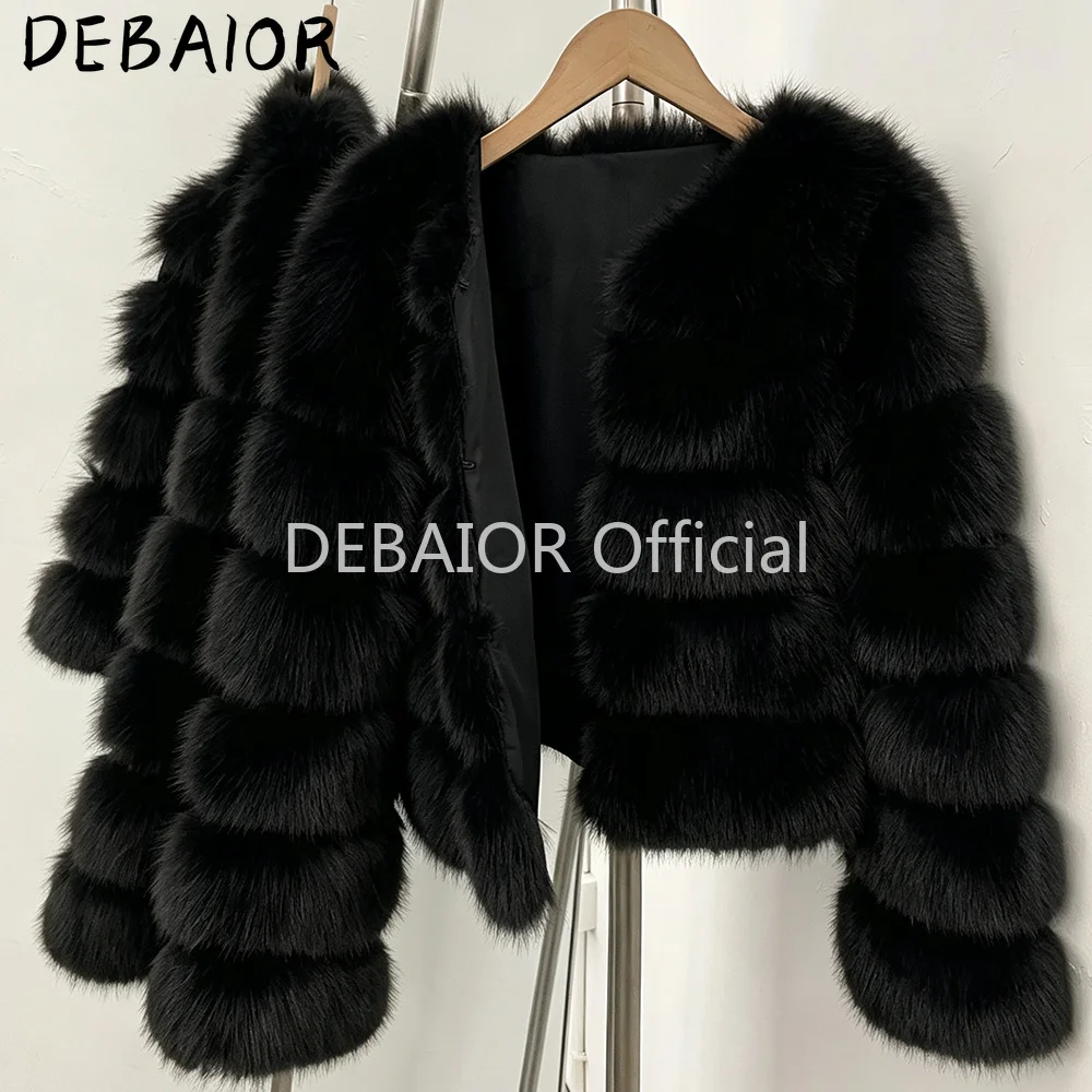 DEABRIOR Women Fake Fur Cropped Jacket V-Neck Long Sleeve Faux Fur Coat New Luxury Winter Warm Fluffy Short Outerwear Female