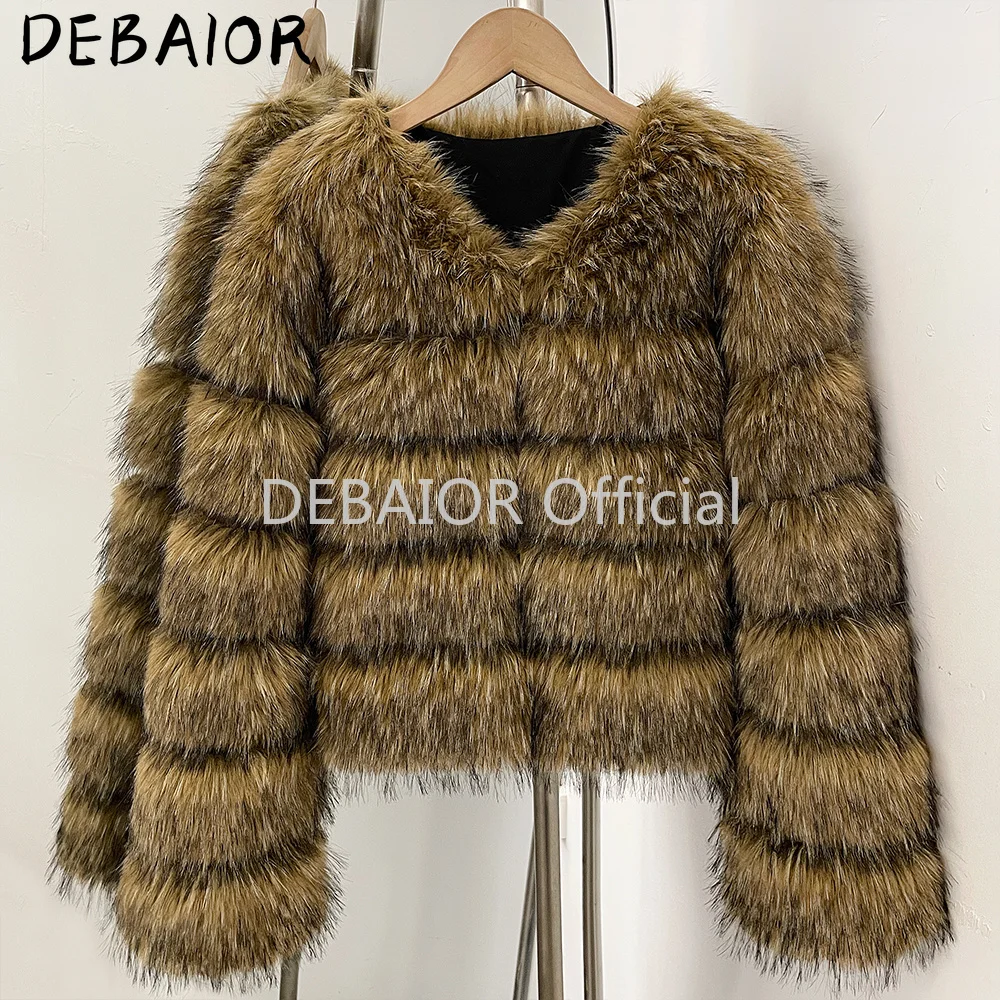 DEABRIOR Women Fake Fur Cropped Jacket V-Neck Long Sleeve Faux Fur Coat New Luxury Winter Warm Fluffy Short Outerwear Female