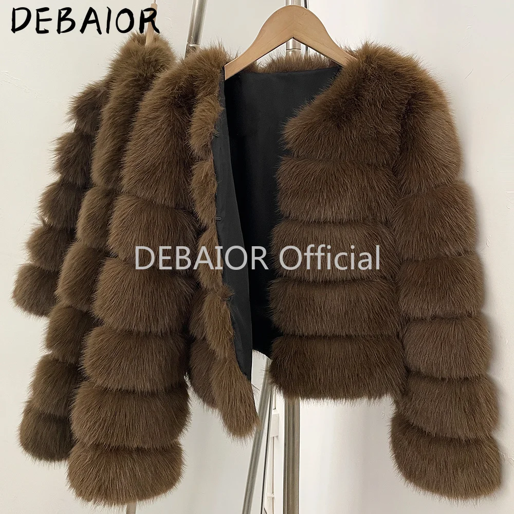 DEABRIOR Women Fake Fur Cropped Jacket V-Neck Long Sleeve Faux Fur Coat New Luxury Winter Warm Fluffy Short Outerwear Female