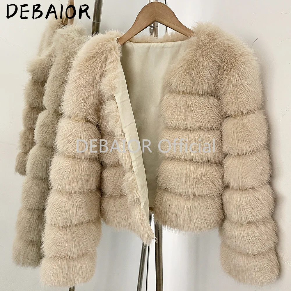 DEABRIOR Women Fake Fur Cropped Jacket V-Neck Long Sleeve Faux Fur Coat New Luxury Winter Warm Fluffy Short Outerwear Female