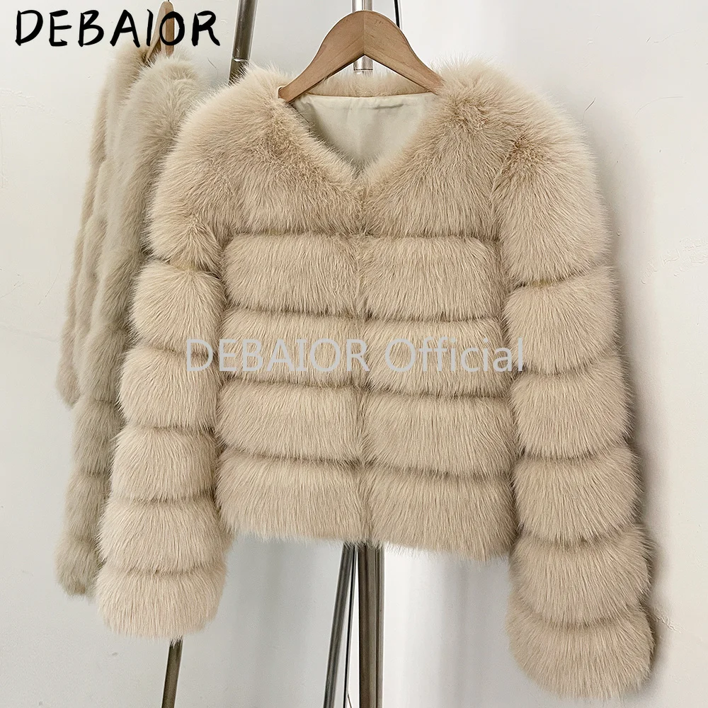 DEABRIOR Women Fake Fur Cropped Jacket V-Neck Long Sleeve Faux Fur Coat New Luxury Winter Warm Fluffy Short Outerwear Female