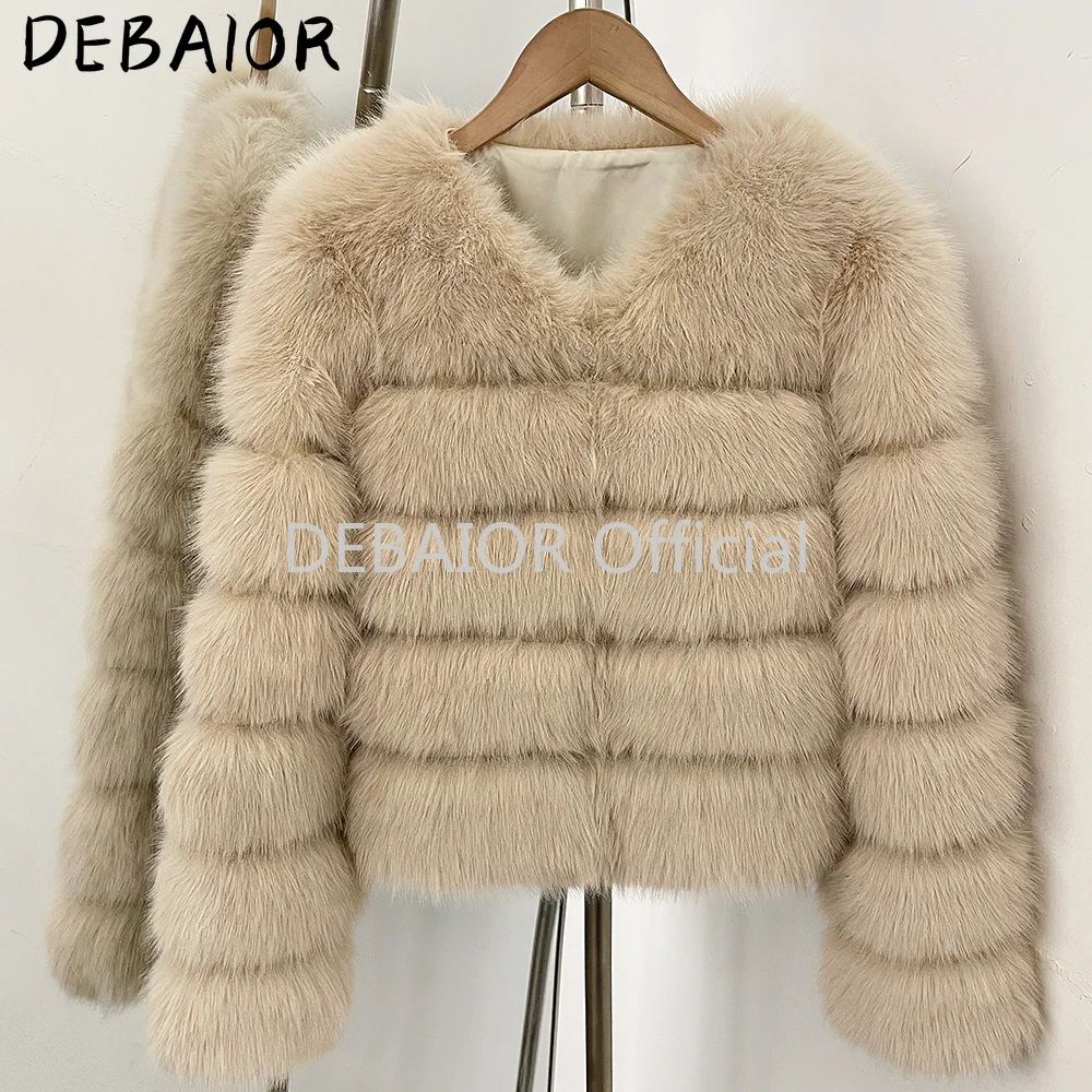 DEABRIOR Women Fake Fur Cropped Jacket V-Neck Long Sleeve Faux Fur Coat New Luxury Winter Warm Fluffy Short Outerwear Female