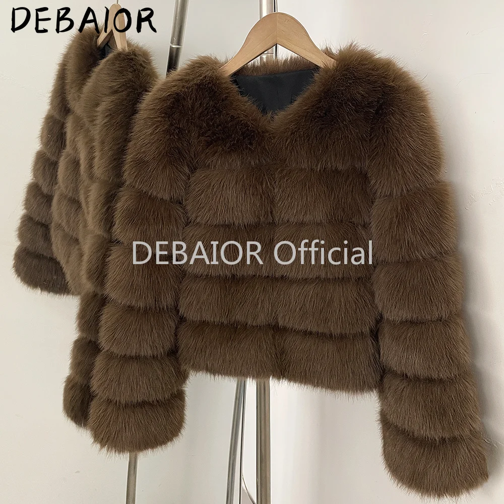 DEABRIOR Women Fake Fur Cropped Jacket V-Neck Long Sleeve Faux Fur Coat New Luxury Winter Warm Fluffy Short Outerwear Female