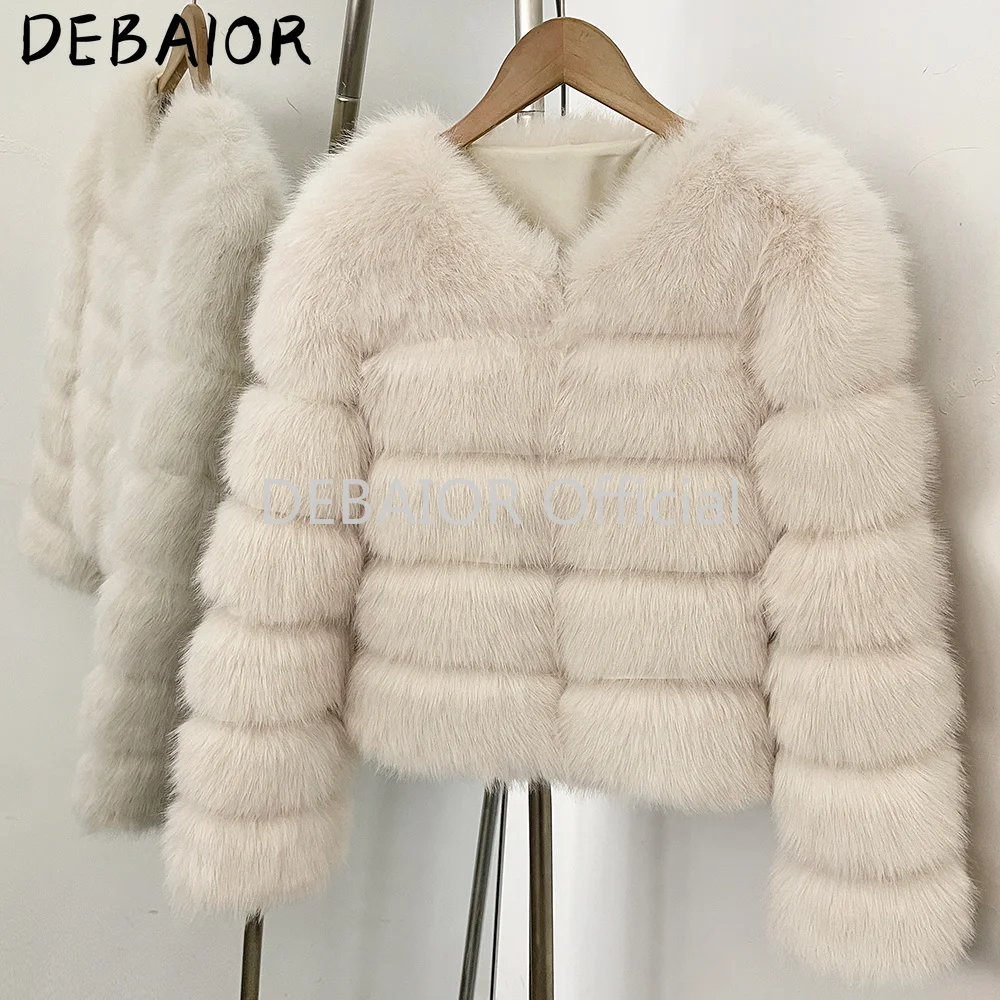 DEABRIOR Women Fake Fur Cropped Jacket V-Neck Long Sleeve Faux Fur Coat New Luxury Winter Warm Fluffy Short Outerwear Female