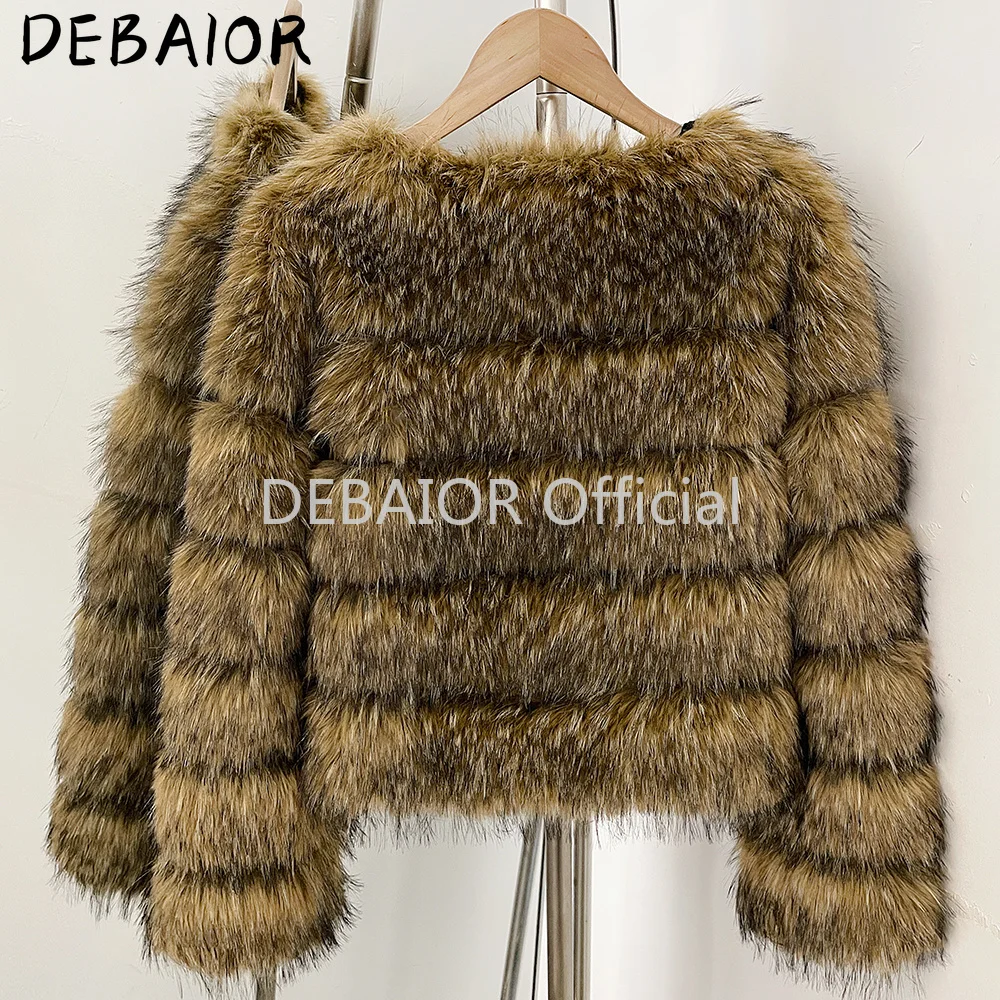 DEABRIOR Women Fake Fur Cropped Jacket V-Neck Long Sleeve Faux Fur Coat New Luxury Winter Warm Fluffy Short Outerwear Female