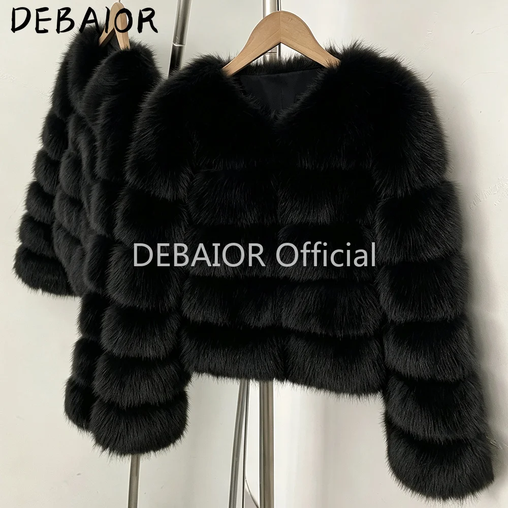 DEABRIOR Women Fake Fur Cropped Jacket V-Neck Long Sleeve Faux Fur Coat New Luxury Winter Warm Fluffy Short Outerwear Female