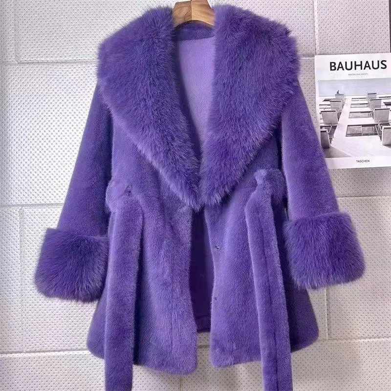Luxury Brand Chic Faux Fur Coats Fur Collar Oversized with Belt Women Fur Jackets Winter Long Sleeve Outerwear Soft Coats New