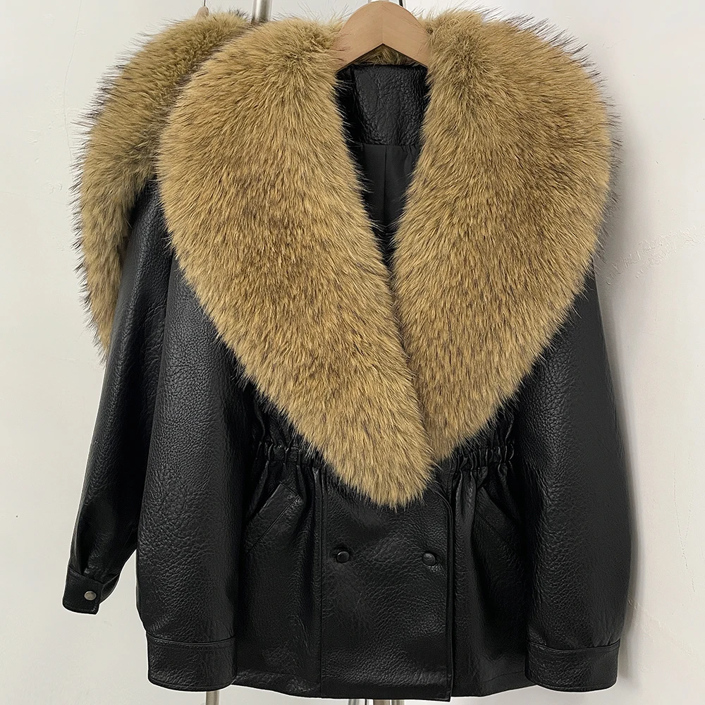 DEBAIOR Women Faux Leather Jacket with Faux Fur Collar New Luxury Winter Warm Thick Outerwear Drawstring Waist Casual Short Coat