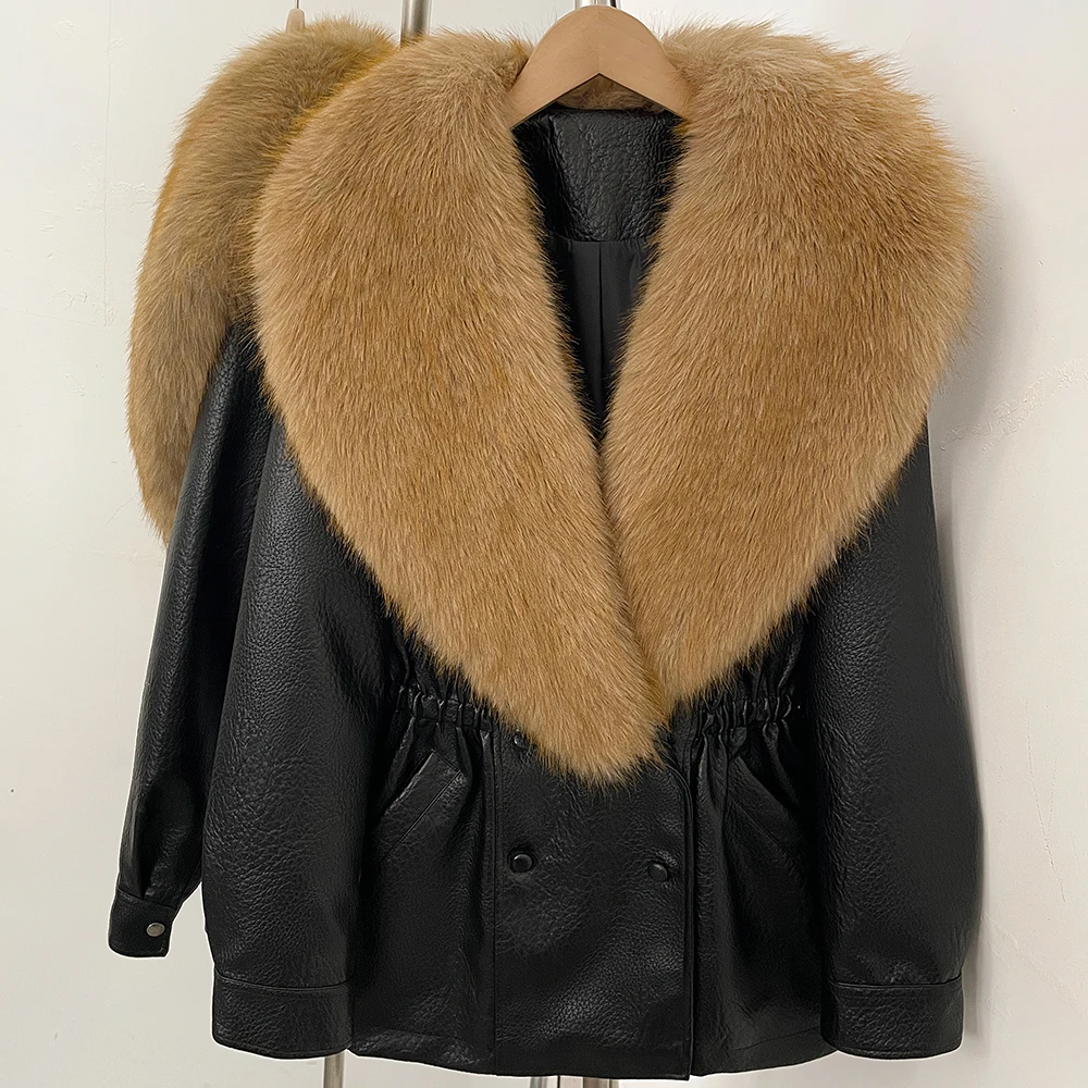 DEBAIOR Women Faux Leather Jacket with Faux Fur Collar New Luxury Winter Warm Thick Outerwear Drawstring Waist Casual Short Coat