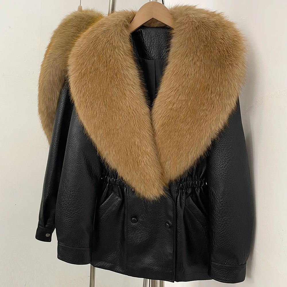 DEBAIOR Women Faux Leather Jacket with Faux Fur Collar New Luxury Winter Warm Thick Outerwear Drawstring Waist Casual Short Coat