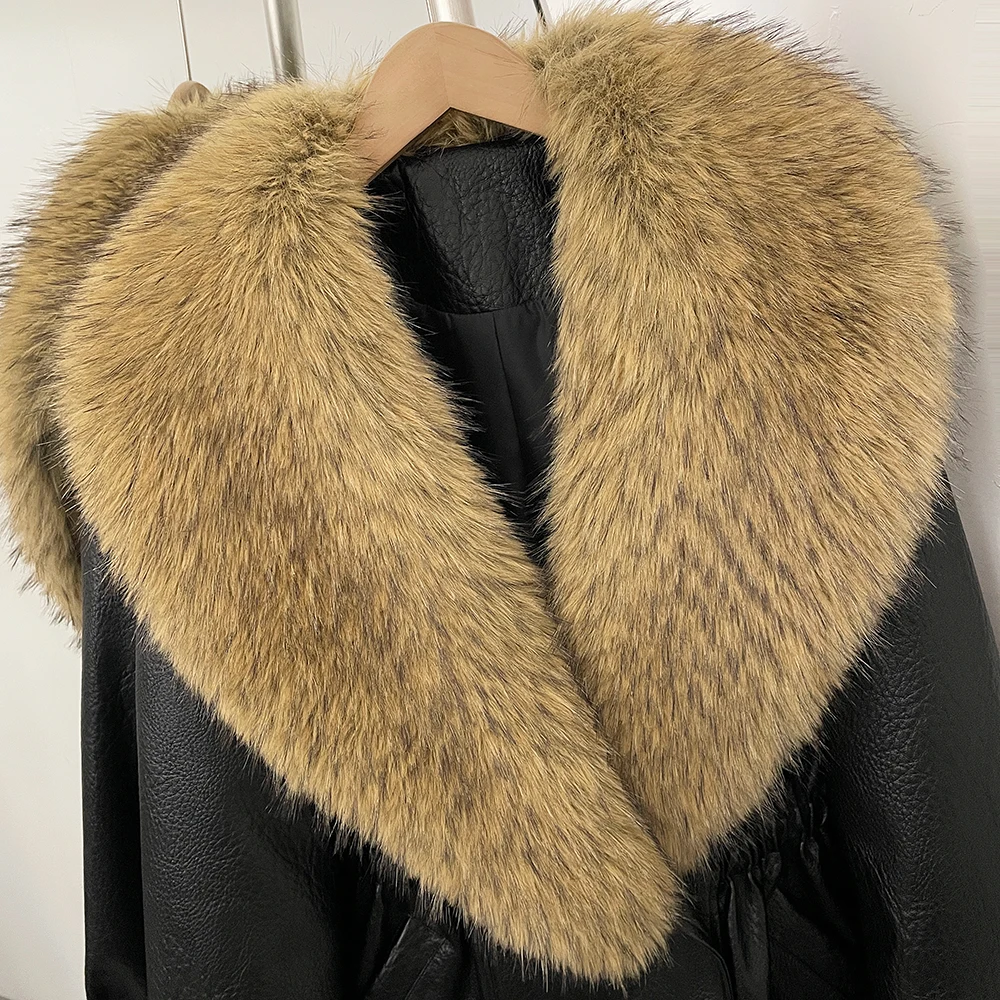 DEBAIOR Women Faux Leather Jacket with Faux Fur Collar New Luxury Winter Warm Thick Outerwear Drawstring Waist Casual Short Coat