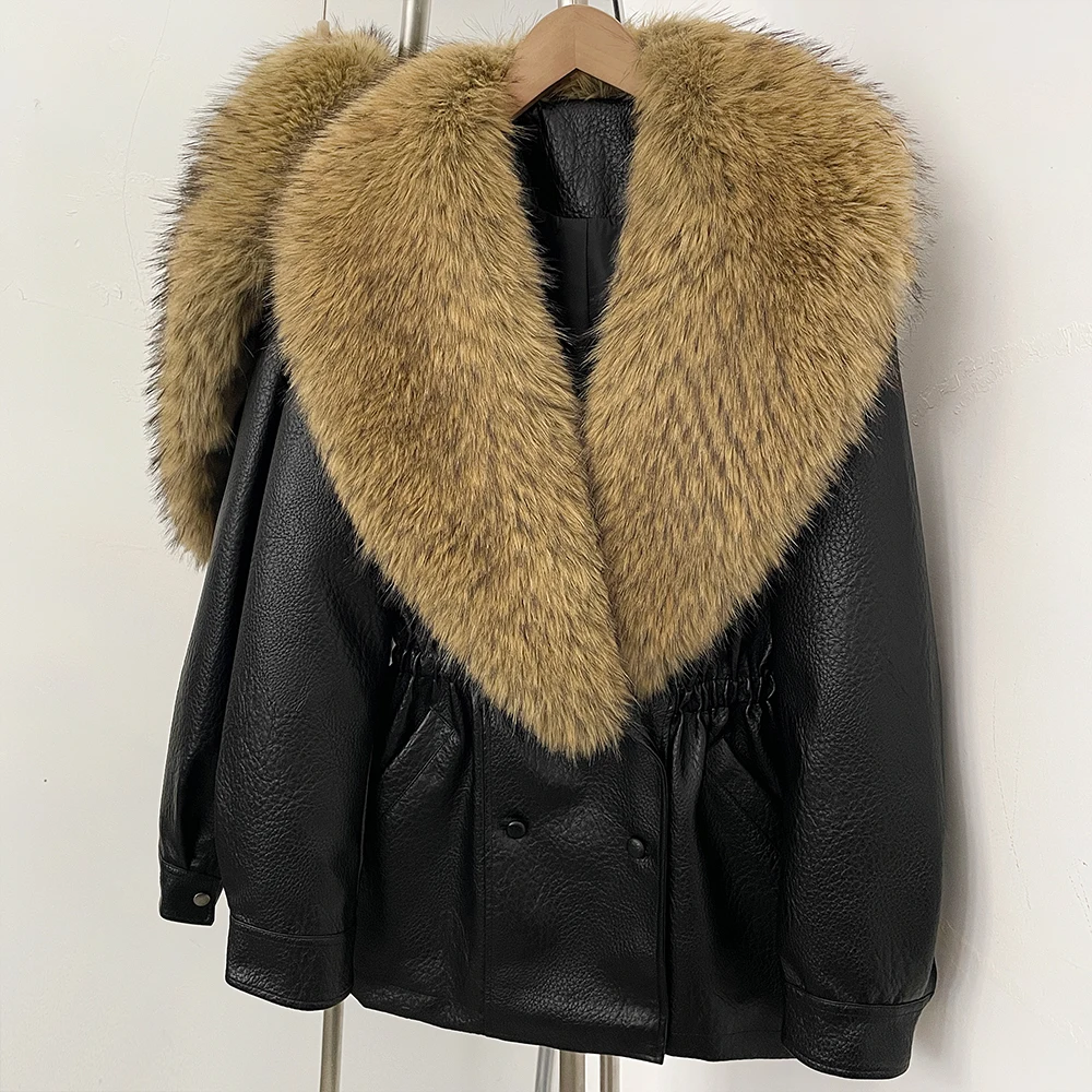 DEBAIOR Women Faux Leather Jacket with Faux Fur Collar New Luxury Winter Warm Thick Outerwear Drawstring Waist Casual Short Coat