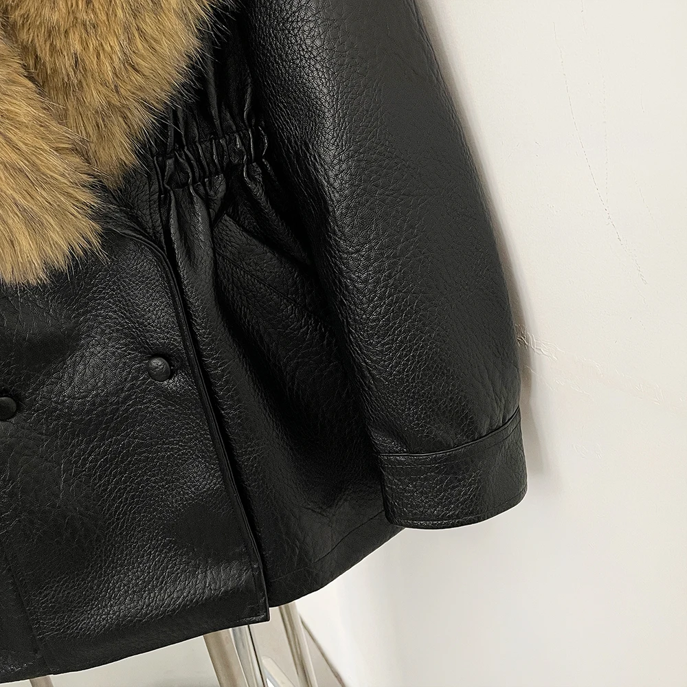 DEBAIOR Women Faux Leather Jacket with Faux Fur Collar New Luxury Winter Warm Thick Outerwear Drawstring Waist Casual Short Coat