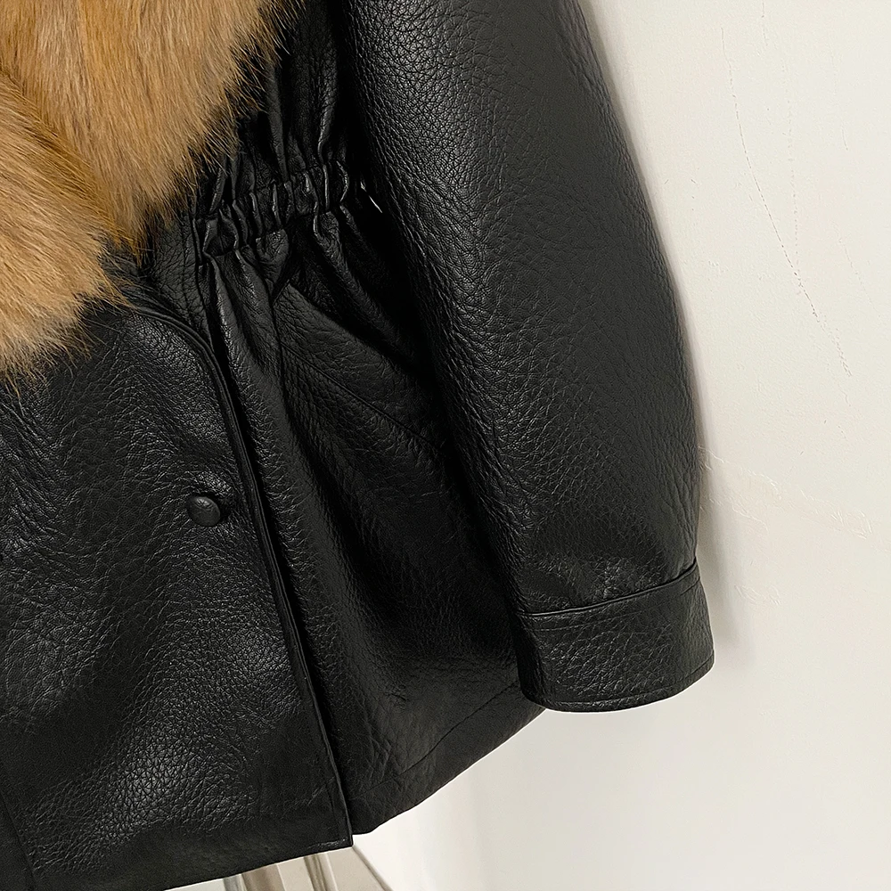 DEBAIOR Women Faux Leather Jacket with Faux Fur Collar New Luxury Winter Warm Thick Outerwear Drawstring Waist Casual Short Coat