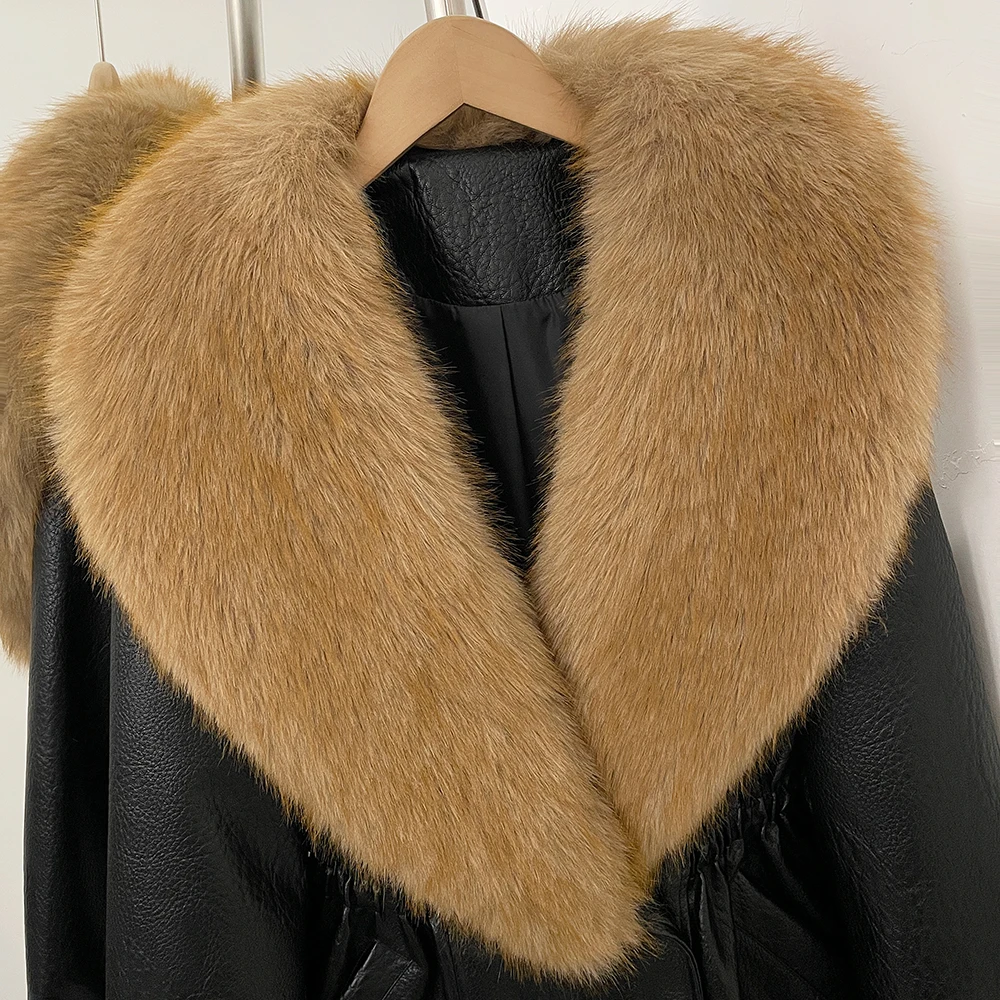 DEBAIOR Women Faux Leather Jacket with Faux Fur Collar New Luxury Winter Warm Thick Outerwear Drawstring Waist Casual Short Coat