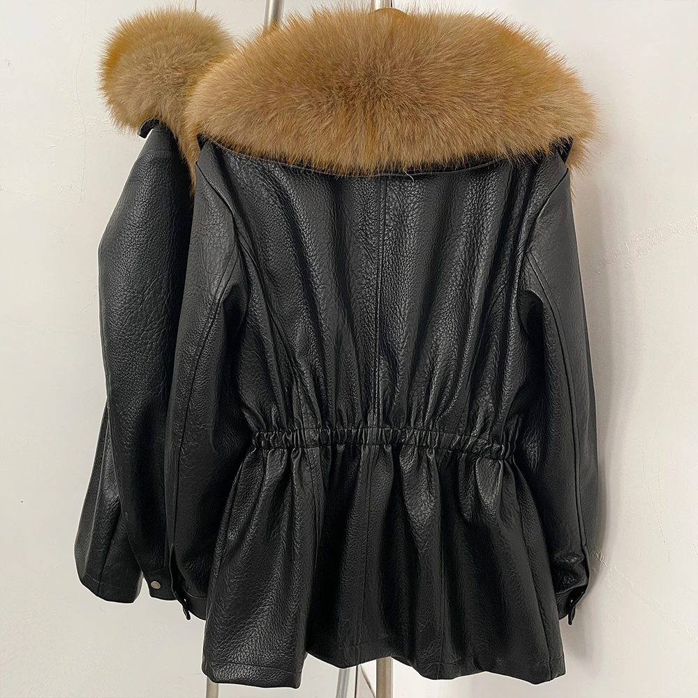 DEBAIOR Women Faux Leather Jacket with Faux Fur Collar New Luxury Winter Warm Thick Outerwear Drawstring Waist Casual Short Coat