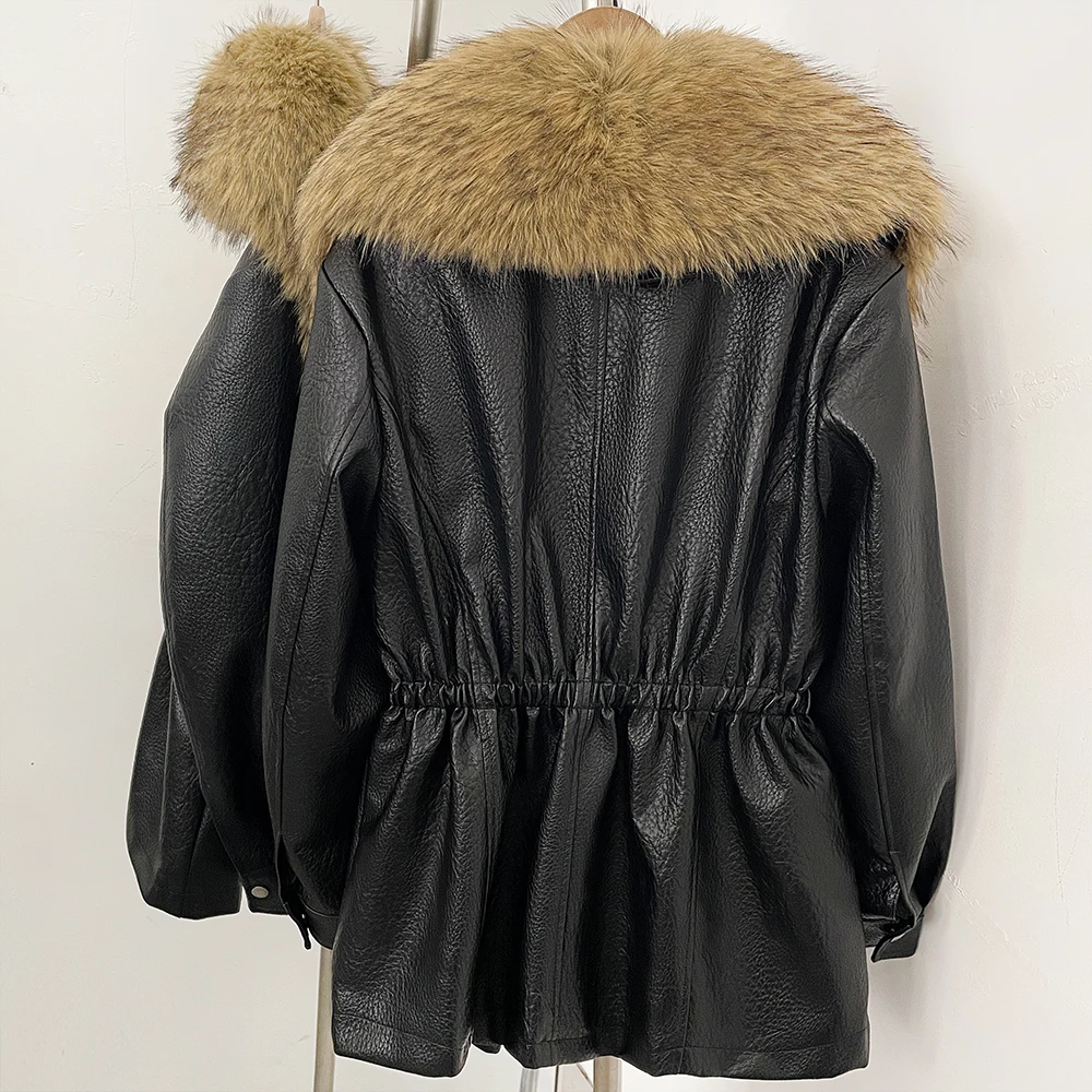 DEBAIOR Women Faux Leather Jacket with Faux Fur Collar New Luxury Winter Warm Thick Outerwear Drawstring Waist Casual Short Coat