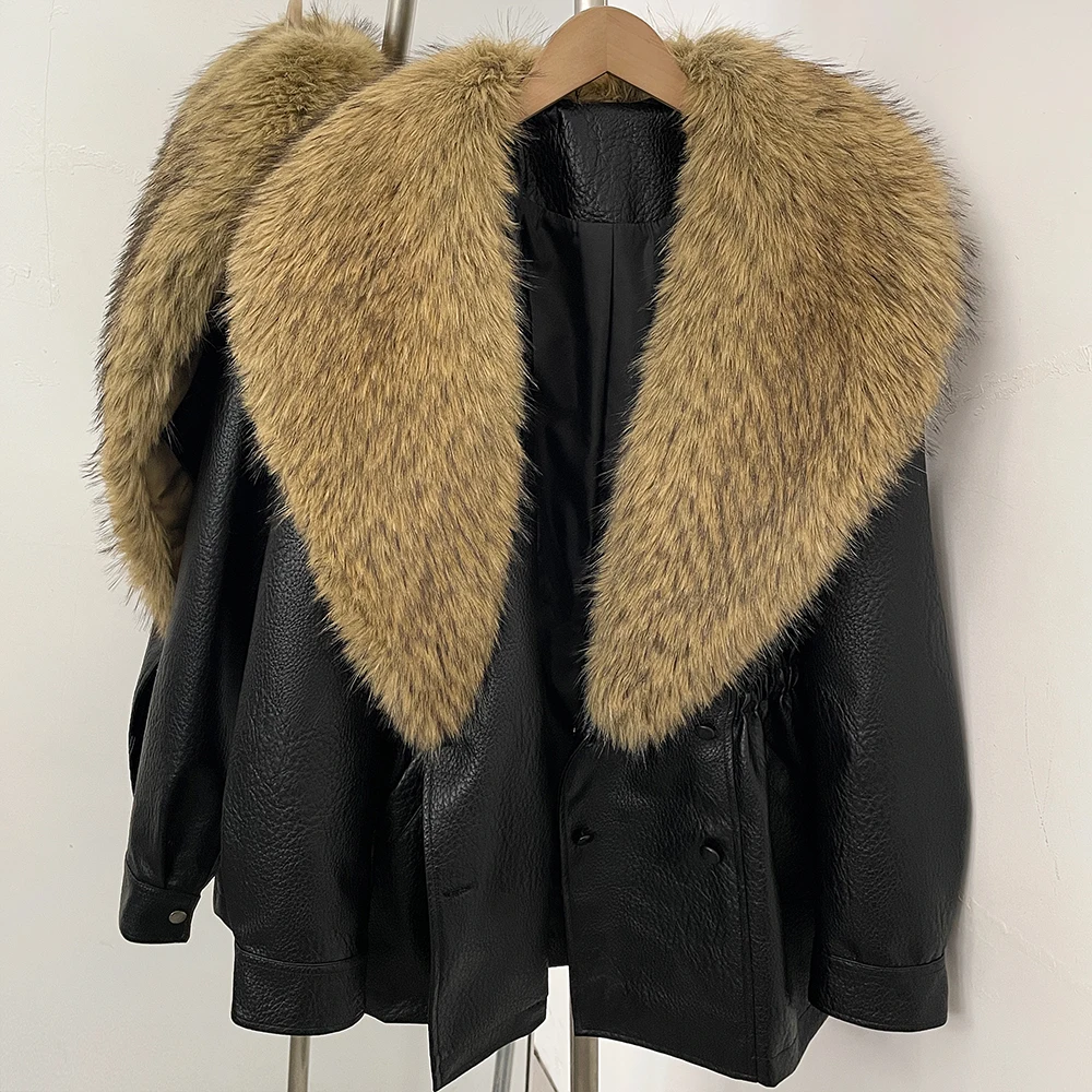 DEBAIOR Women Faux Leather Jacket with Faux Fur Collar New Luxury Winter Warm Thick Outerwear Drawstring Waist Casual Short Coat