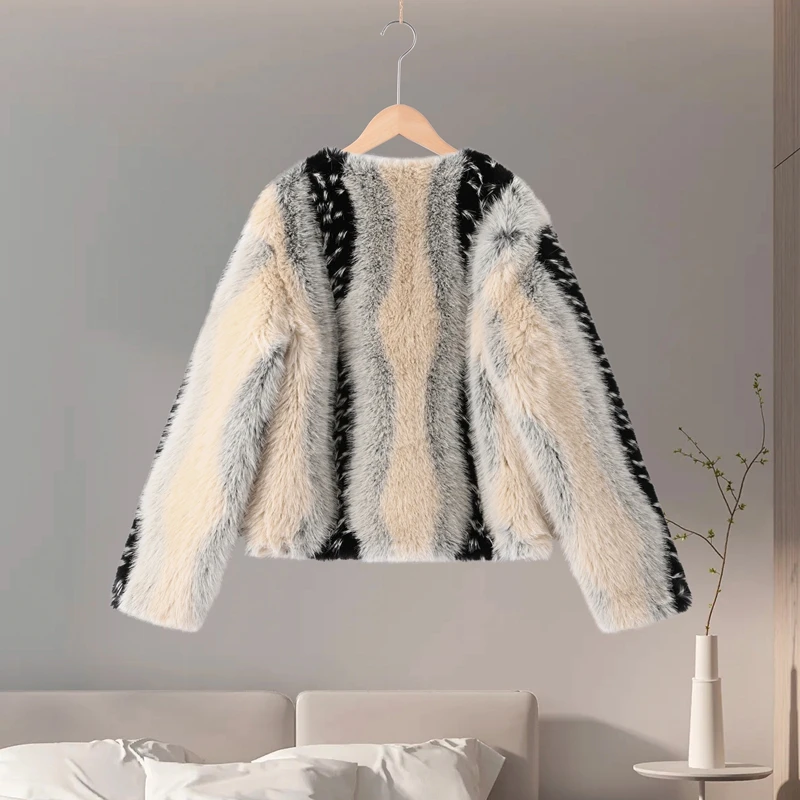 Print Faux Fur Jackets Women Loose O Neck Long Sleeves Fluffy Warm Parka Female 2025 Winter New Chic Fashion Street Outwears