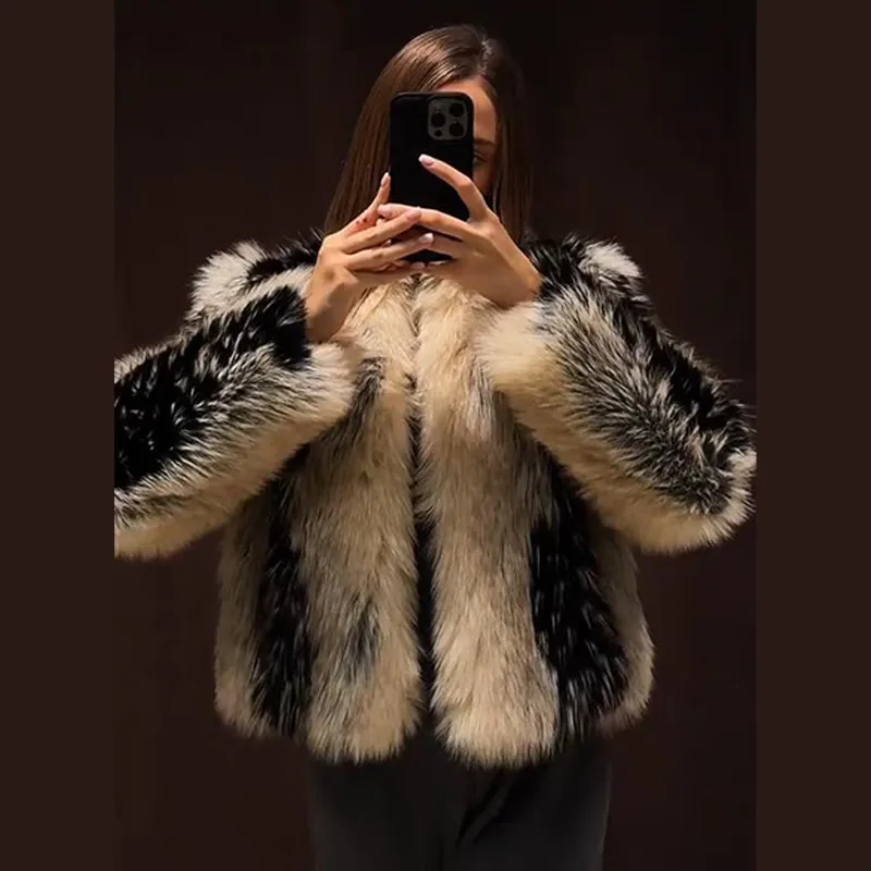 Print Faux Fur Jackets Women Loose O Neck Long Sleeves Fluffy Warm Parka Female 2025 Winter New Chic Fashion Street Outwears