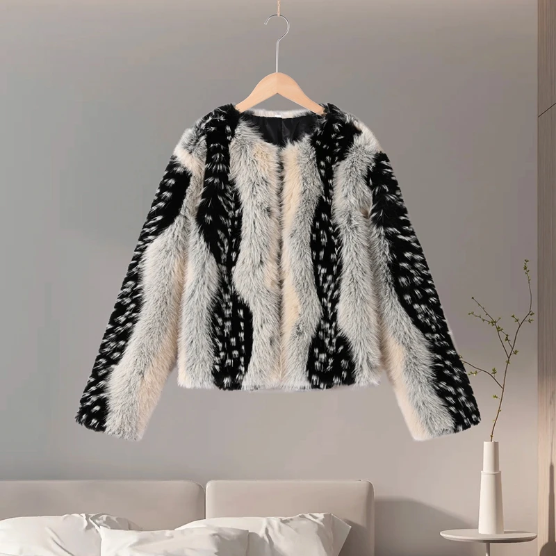 Print Faux Fur Jackets Women Loose O Neck Long Sleeves Fluffy Warm Parka Female 2025 Winter New Chic Fashion Street Outwears