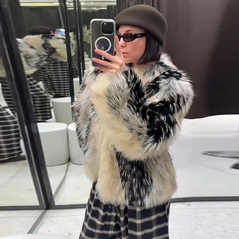 Print Faux Fur Jackets Women Loose O Neck Long Sleeves Fluffy Warm Parka Female 2025 Winter New Chic Fashion Street Outwears