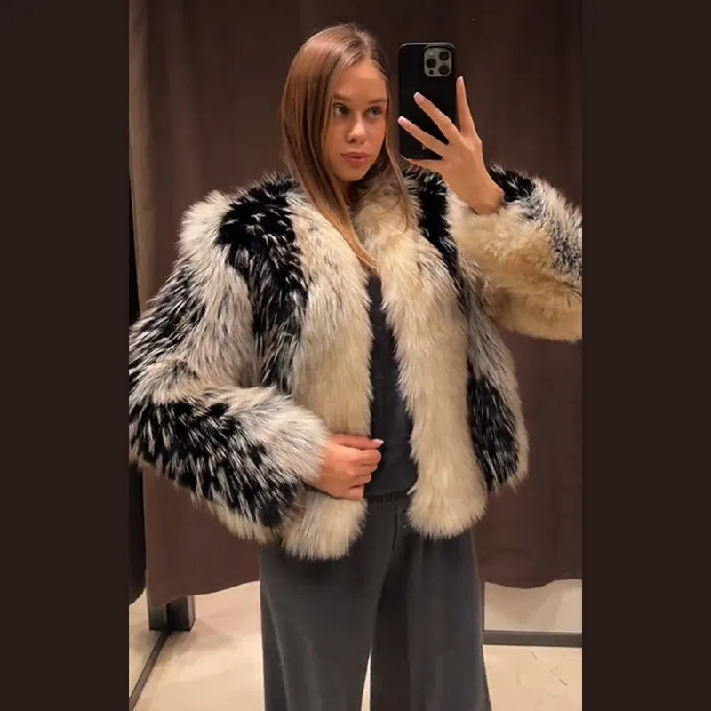 Print Faux Fur Jackets Women Loose O Neck Long Sleeves Fluffy Warm Parka Female 2025 Winter New Chic Fashion Street Outwears