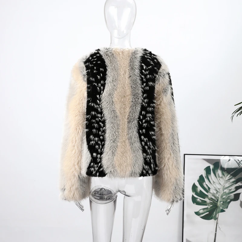 Print Faux Fur Jackets Women Loose O Neck Long Sleeves Fluffy Warm Parka Female 2025 Winter New Chic Fashion Street Outwears