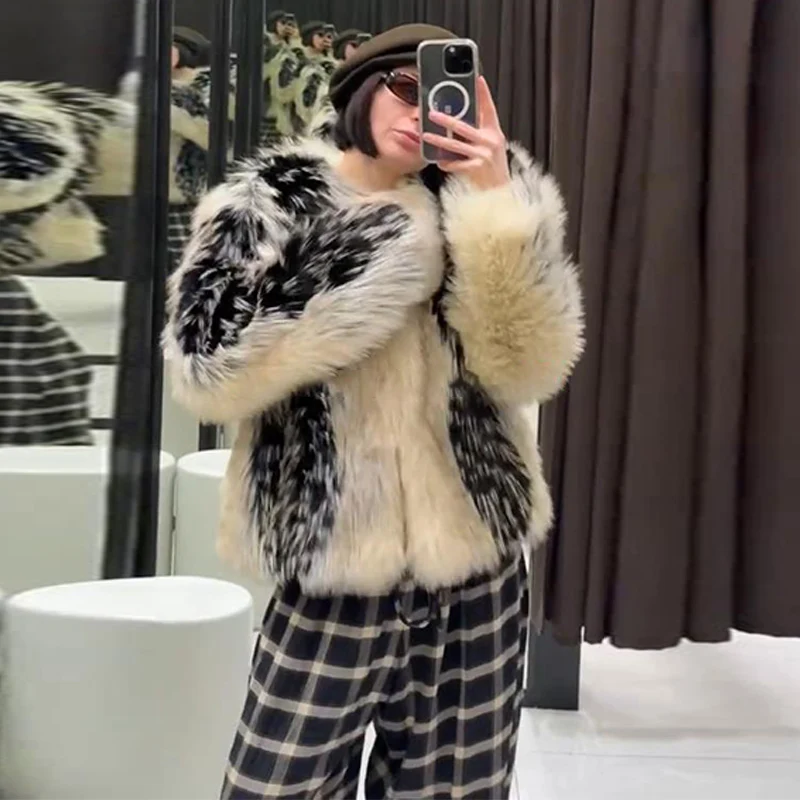 Print Faux Fur Jackets Women Loose O Neck Long Sleeves Fluffy Warm Parka Female 2025 Winter New Chic Fashion Street Outwears