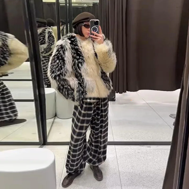 Print Faux Fur Jackets Women Loose O Neck Long Sleeves Fluffy Warm Parka Female 2025 Winter New Chic Fashion Street Outwears