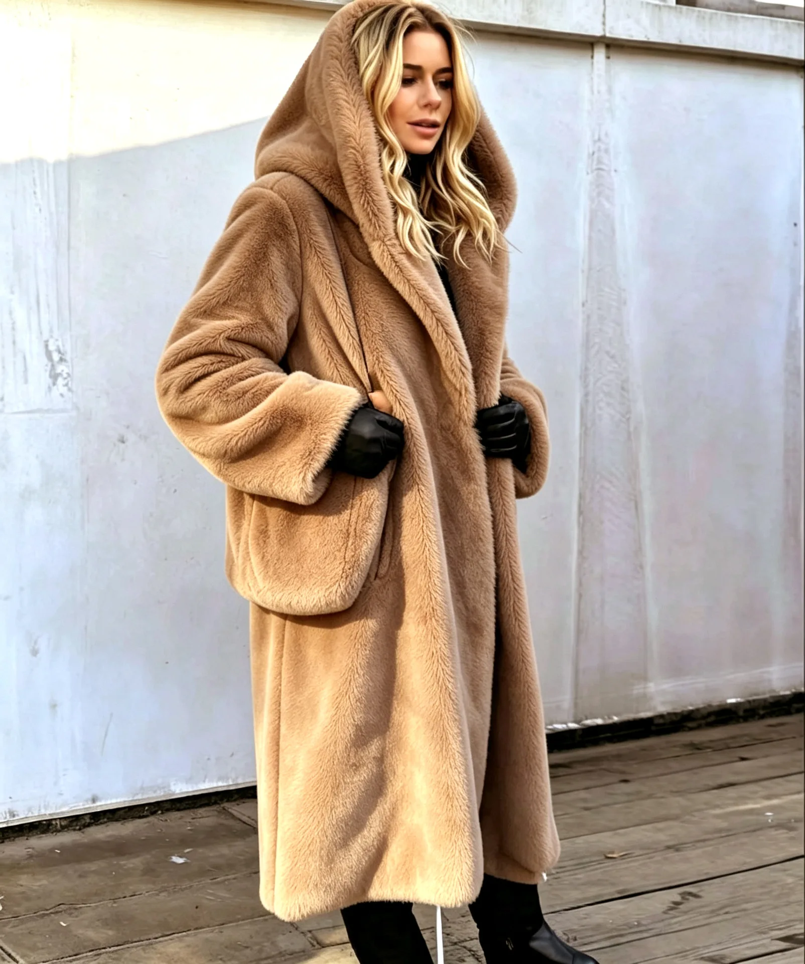 Women Faux Fur Coats Jackets Hooded Mid Length Coat Thick Warm Y2k Streetwear Jacket Elegant Work Outerwear Autumn Winter