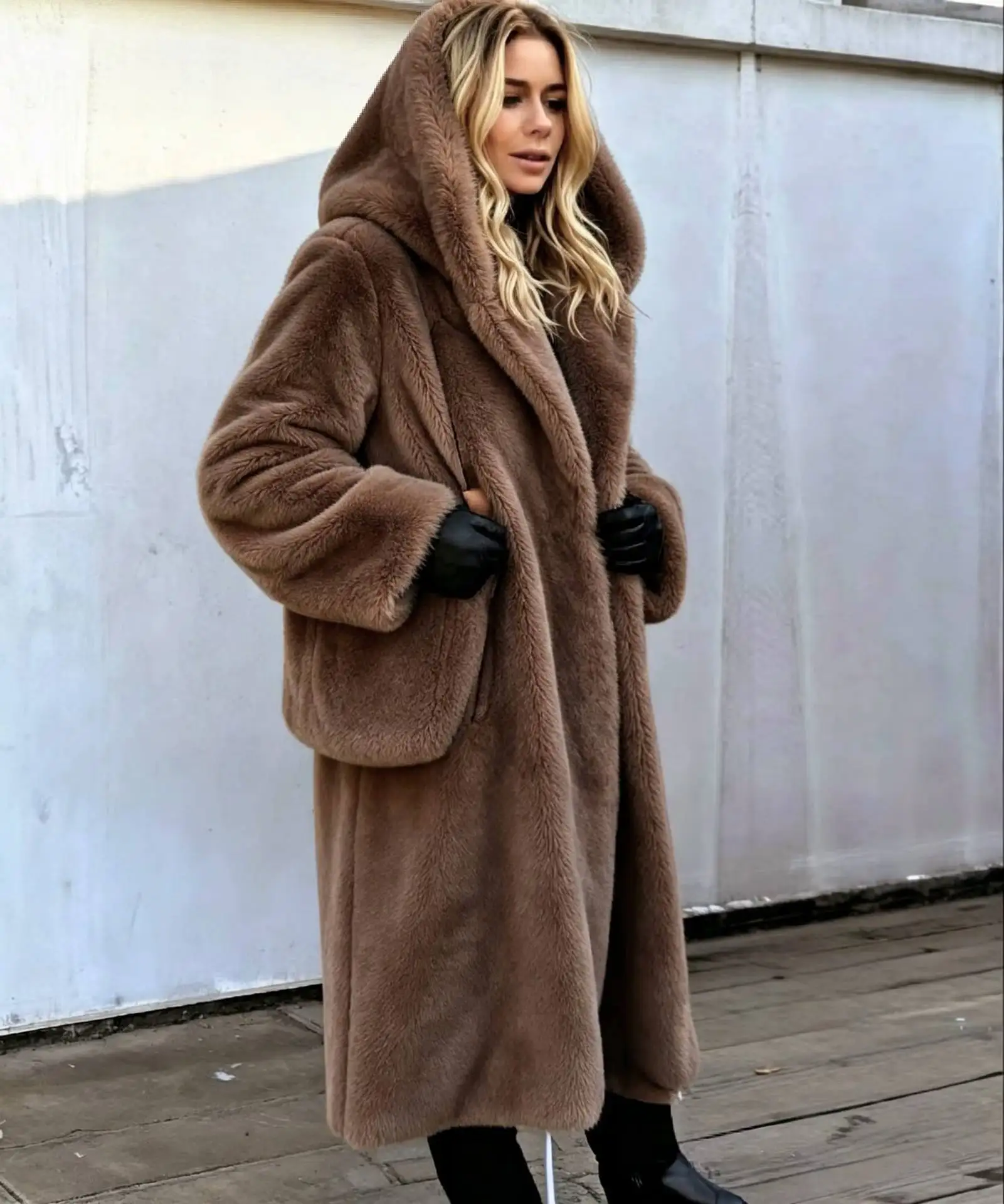 Women Faux Fur Coats Jackets Hooded Mid Length Coat Thick Warm Y2k Streetwear Jacket Elegant Work Outerwear Autumn Winter