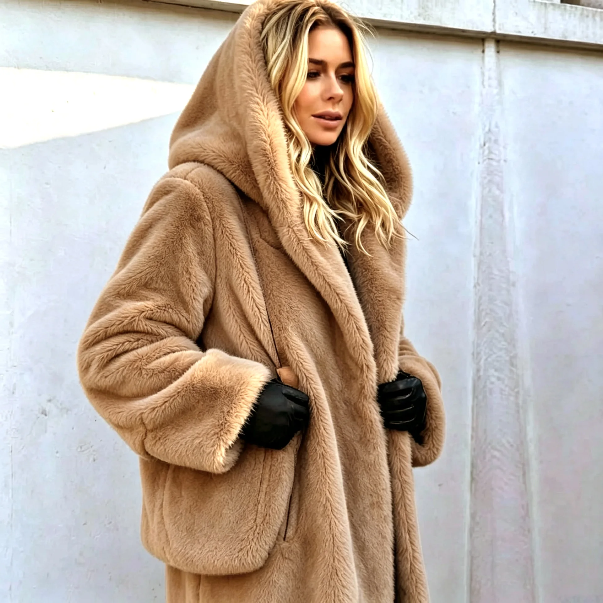 Women Faux Fur Coats Jackets Hooded Mid Length Coat Thick Warm Y2k Streetwear Jacket Elegant Work Outerwear Autumn Winter
