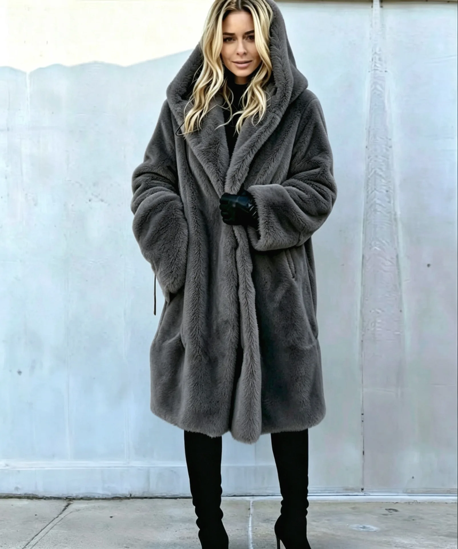 Women Faux Fur Coats Jackets Hooded Mid Length Coat Thick Warm Y2k Streetwear Jacket Elegant Work Outerwear Autumn Winter