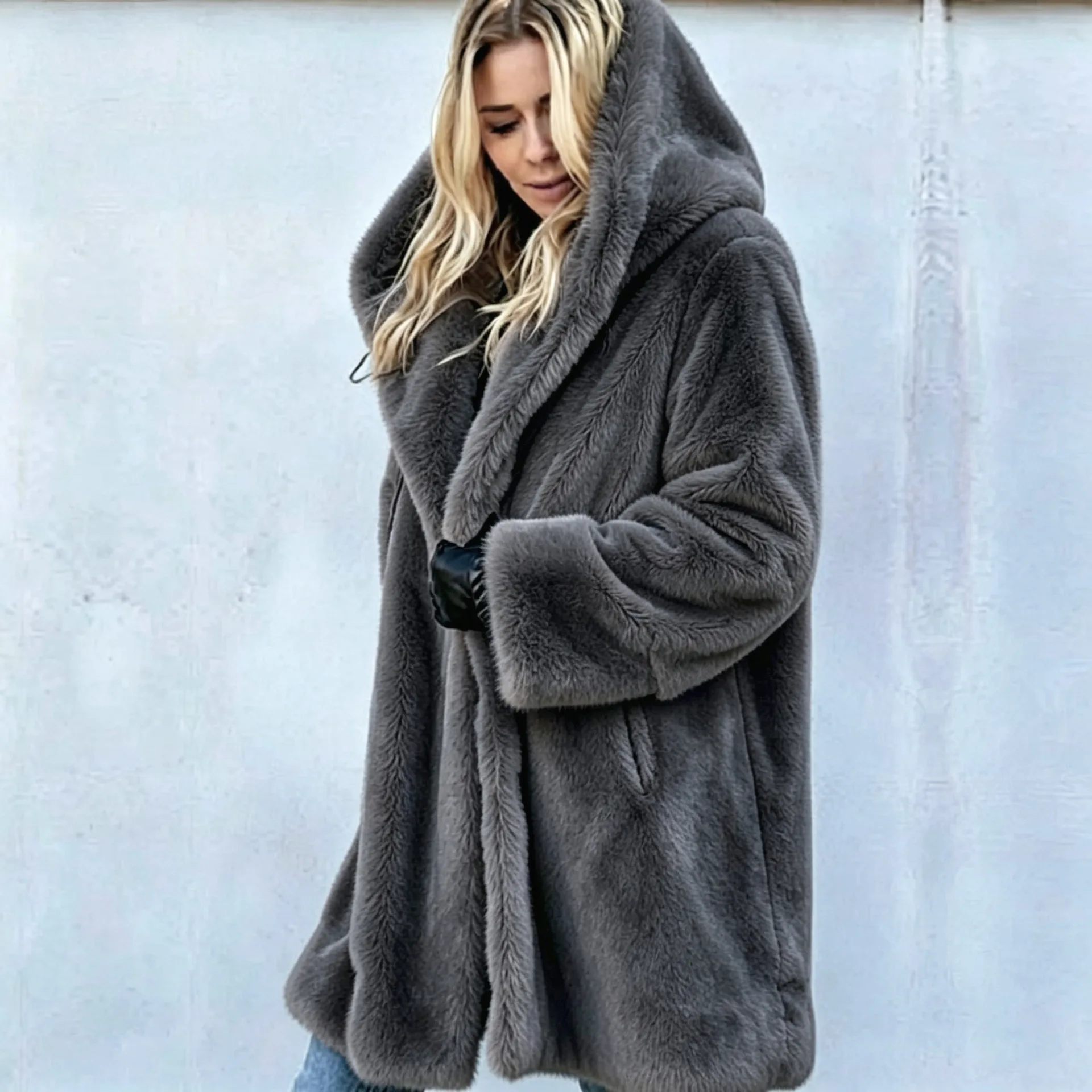 Women Faux Fur Coats Jackets Hooded Mid Length Coat Thick Warm Y2k Streetwear Jacket Elegant Work Outerwear Autumn Winter