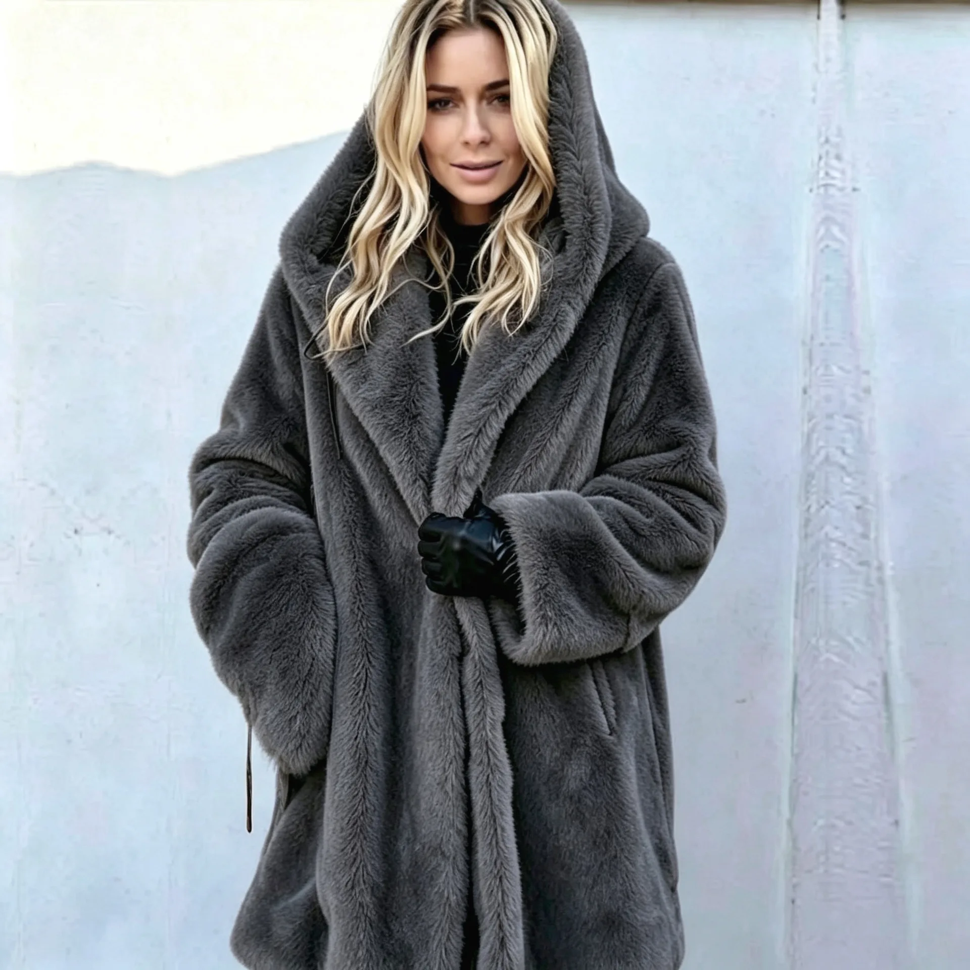 Women Faux Fur Coats Jackets Hooded Mid Length Coat Thick Warm Y2k Streetwear Jacket Elegant Work Outerwear Autumn Winter