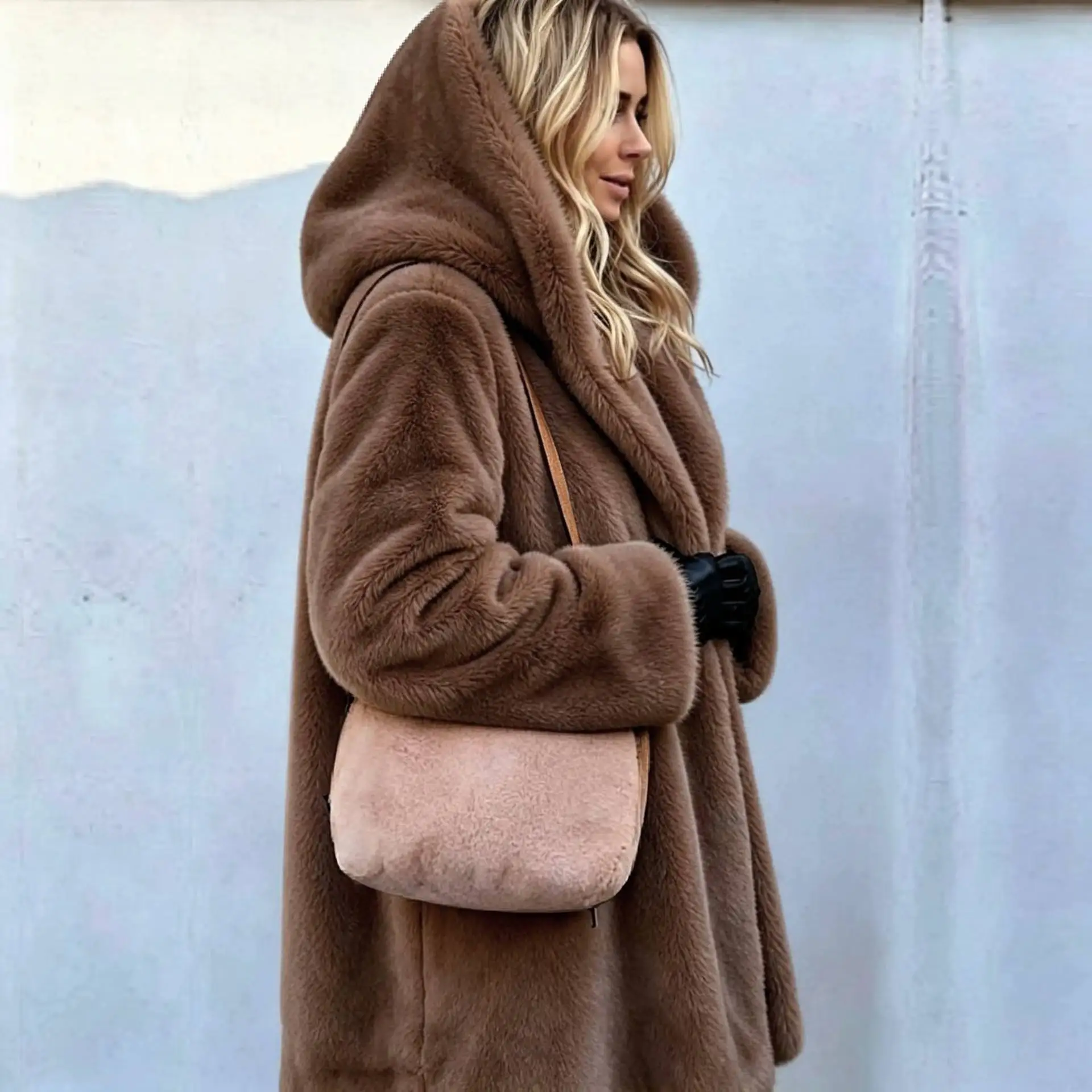 Women Faux Fur Coats Jackets Hooded Mid Length Coat Thick Warm Y2k Streetwear Jacket Elegant Work Outerwear Autumn Winter