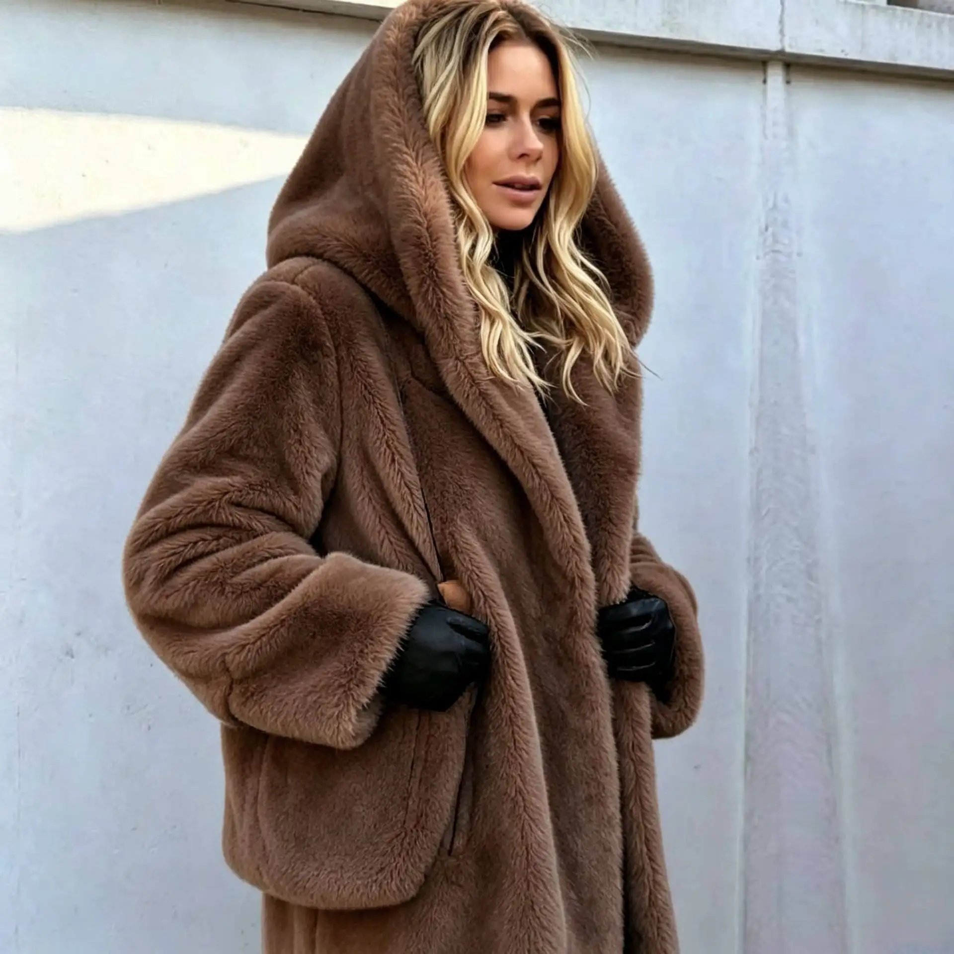 Women Faux Fur Coats Jackets Hooded Mid Length Coat Thick Warm Y2k Streetwear Jacket Elegant Work Outerwear Autumn Winter