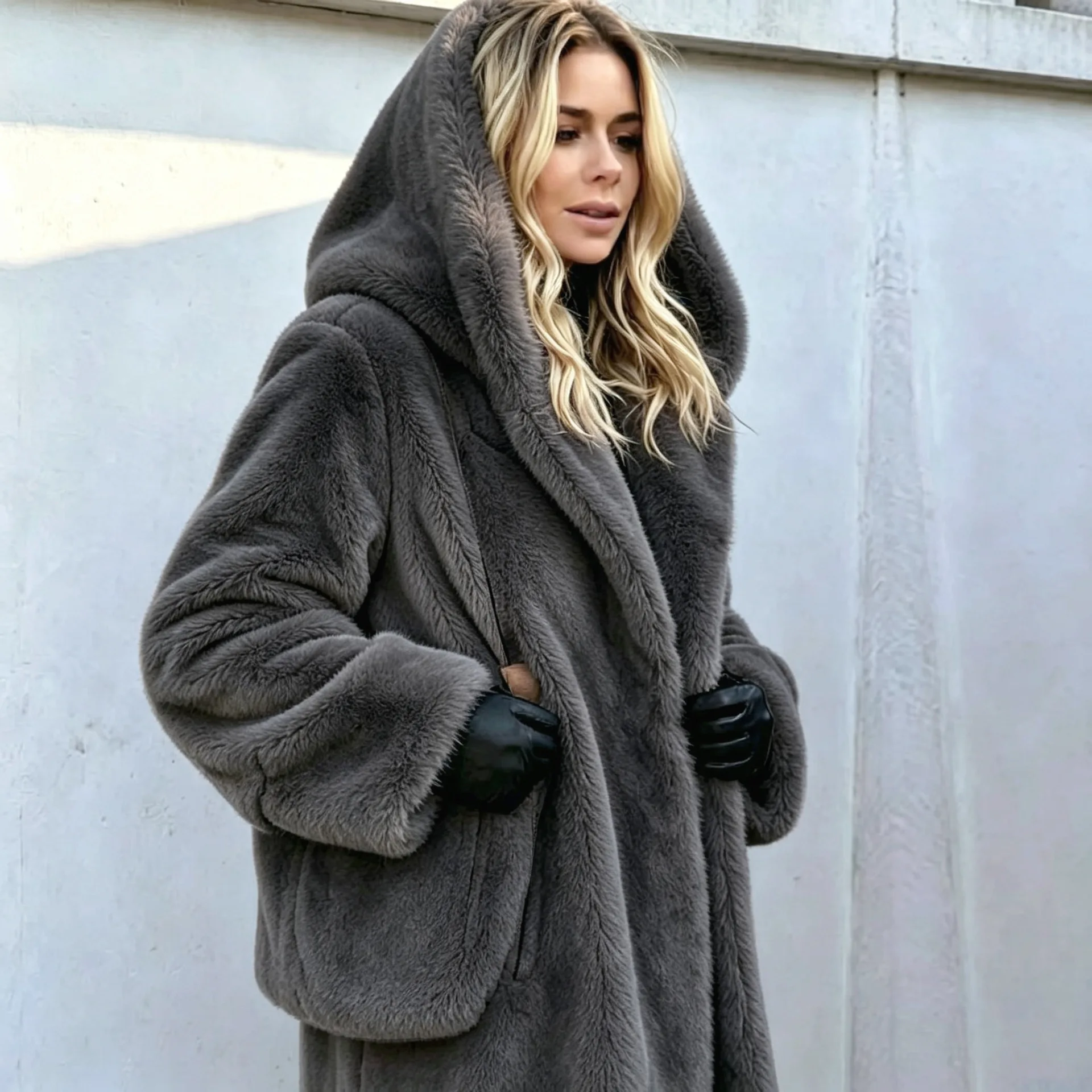 Women Faux Fur Coats Jackets Hooded Mid Length Coat Thick Warm Y2k Streetwear Jacket Elegant Work Outerwear Autumn Winter