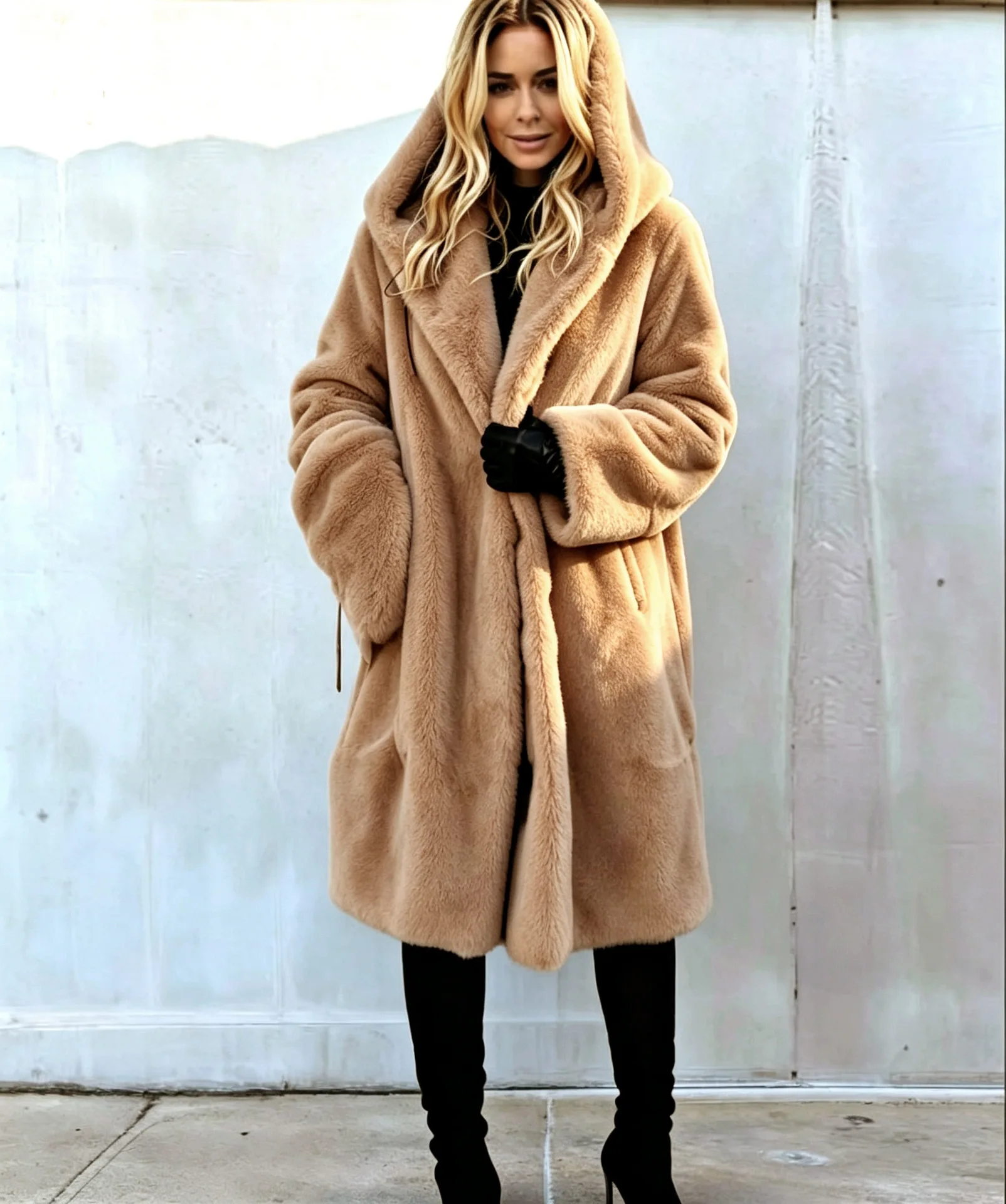 Women Faux Fur Coats Jackets Hooded Mid Length Coat Thick Warm Y2k Streetwear Jacket Elegant Work Outerwear Autumn Winter