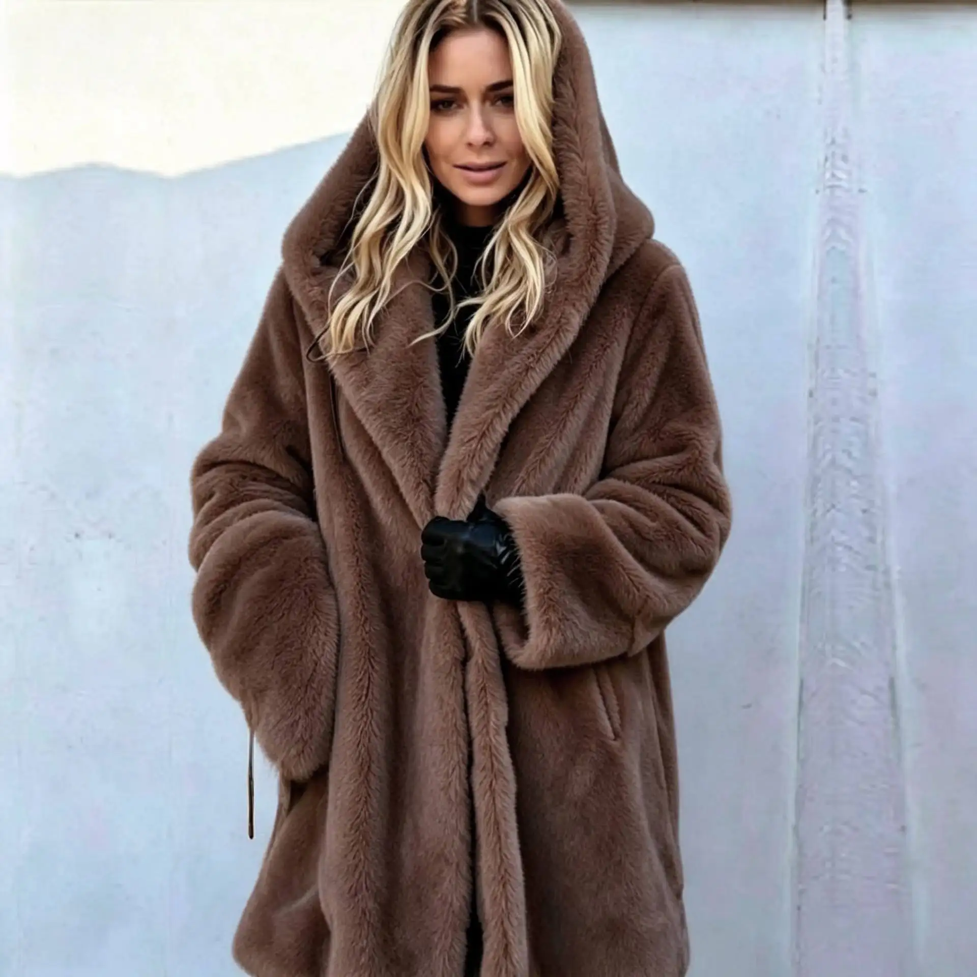 Women Faux Fur Coats Jackets Hooded Mid Length Coat Thick Warm Y2k Streetwear Jacket Elegant Work Outerwear Autumn Winter