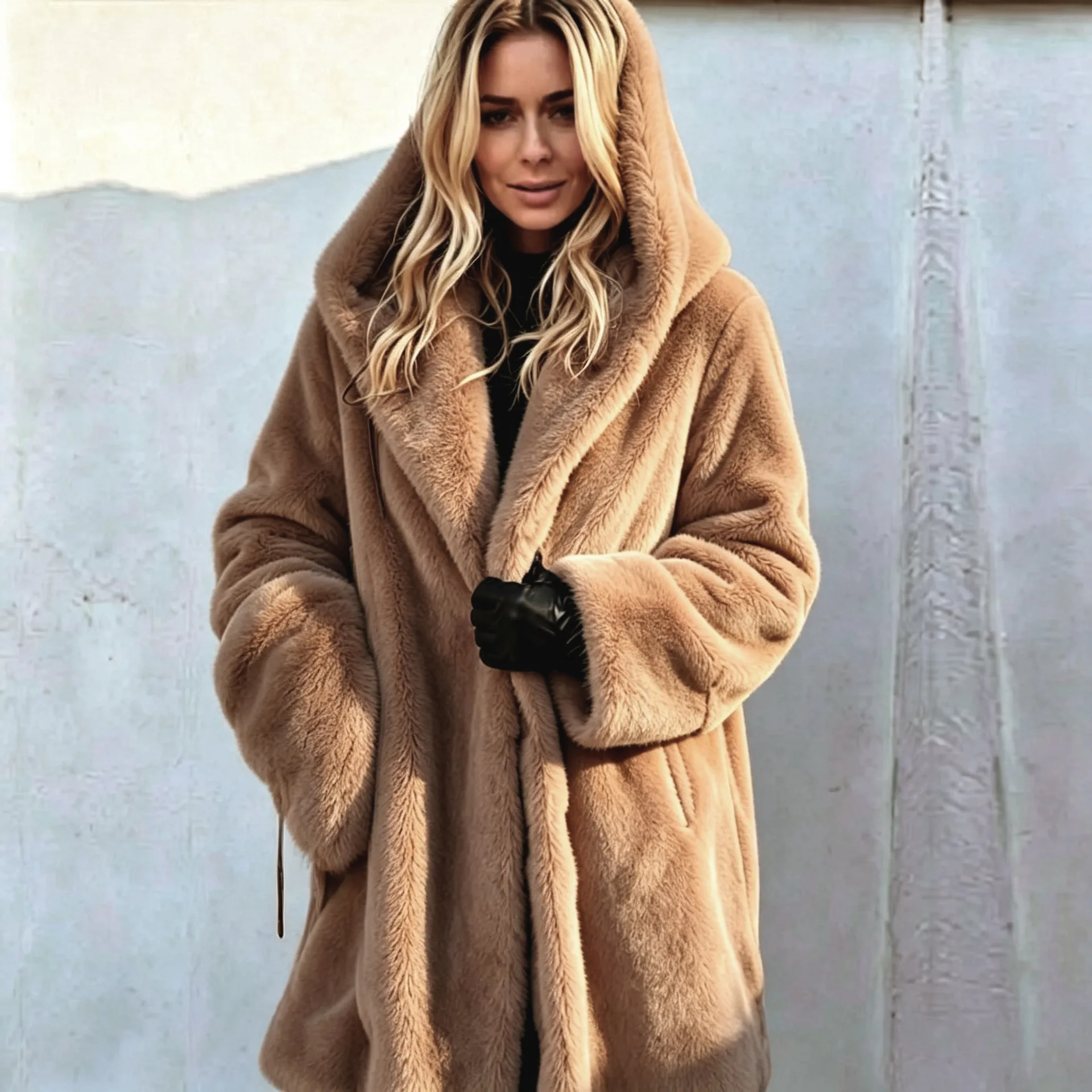 Women Faux Fur Coats Jackets Hooded Mid Length Coat Thick Warm Y2k Streetwear Jacket Elegant Work Outerwear Autumn Winter