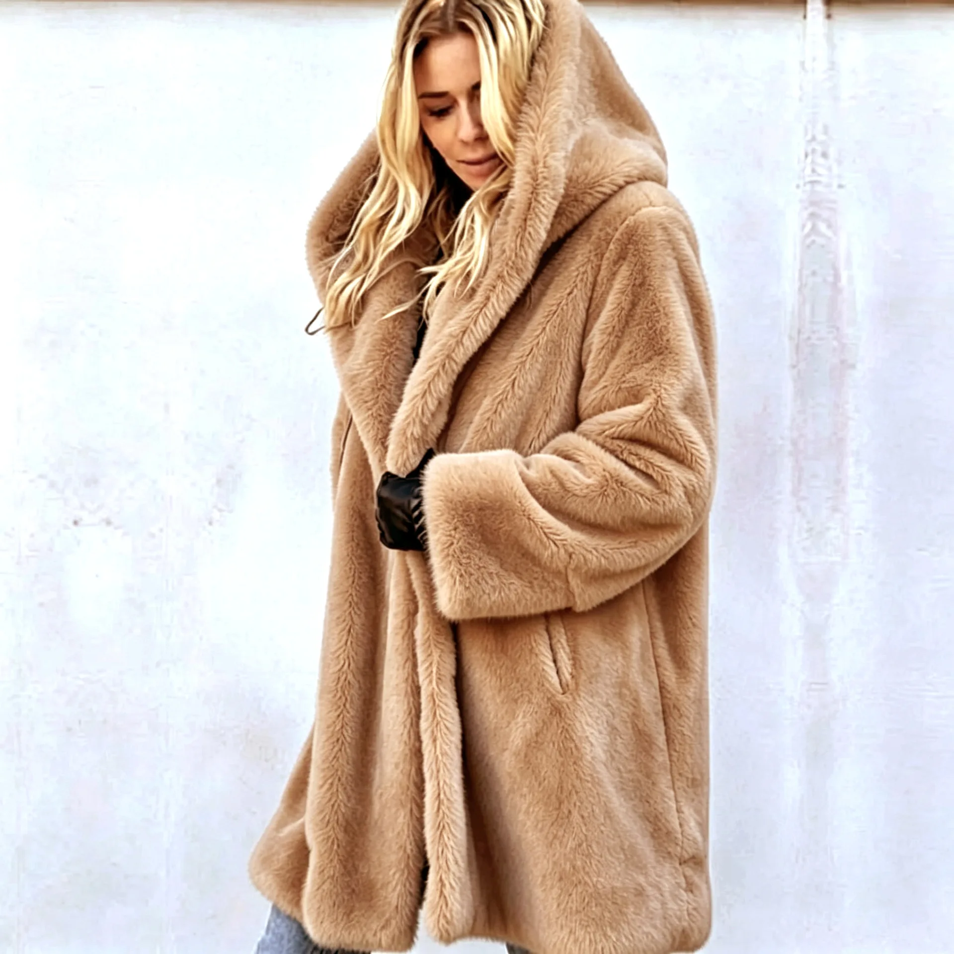 Women Faux Fur Coats Jackets Hooded Mid Length Coat Thick Warm Y2k Streetwear Jacket Elegant Work Outerwear Autumn Winter