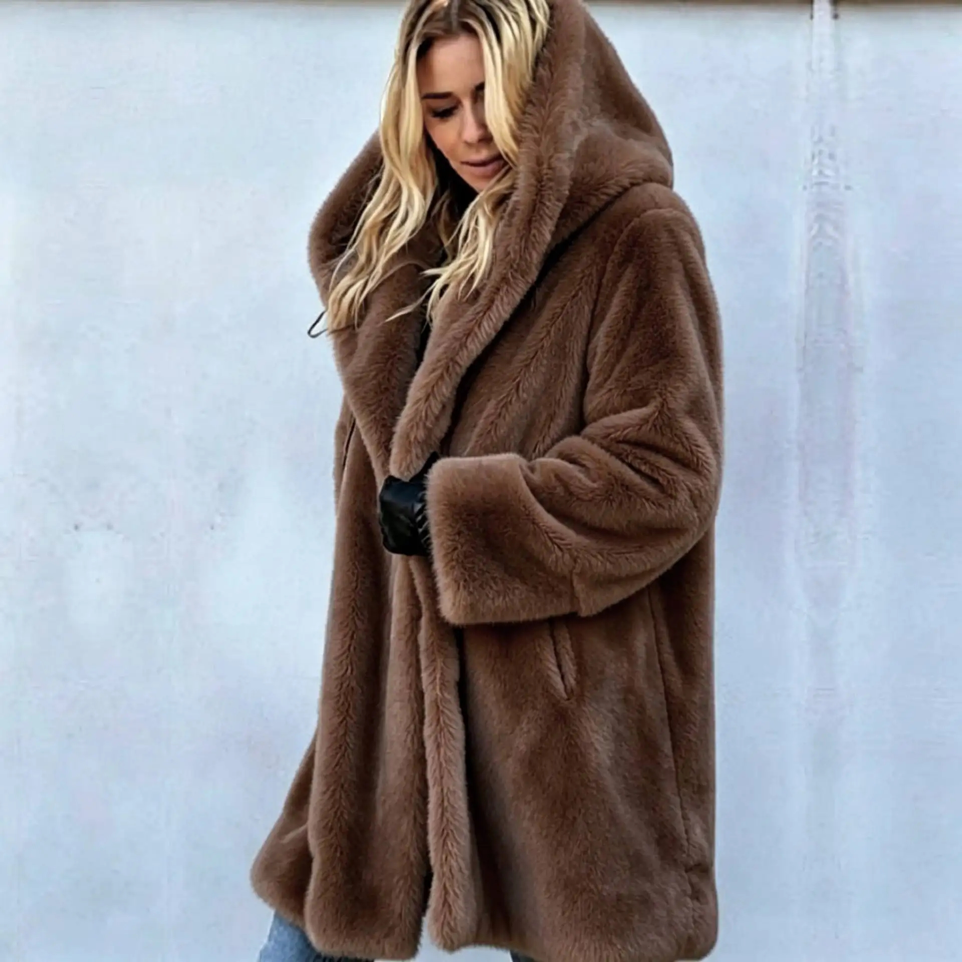 Women Faux Fur Coats Jackets Hooded Mid Length Coat Thick Warm Y2k Streetwear Jacket Elegant Work Outerwear Autumn Winter