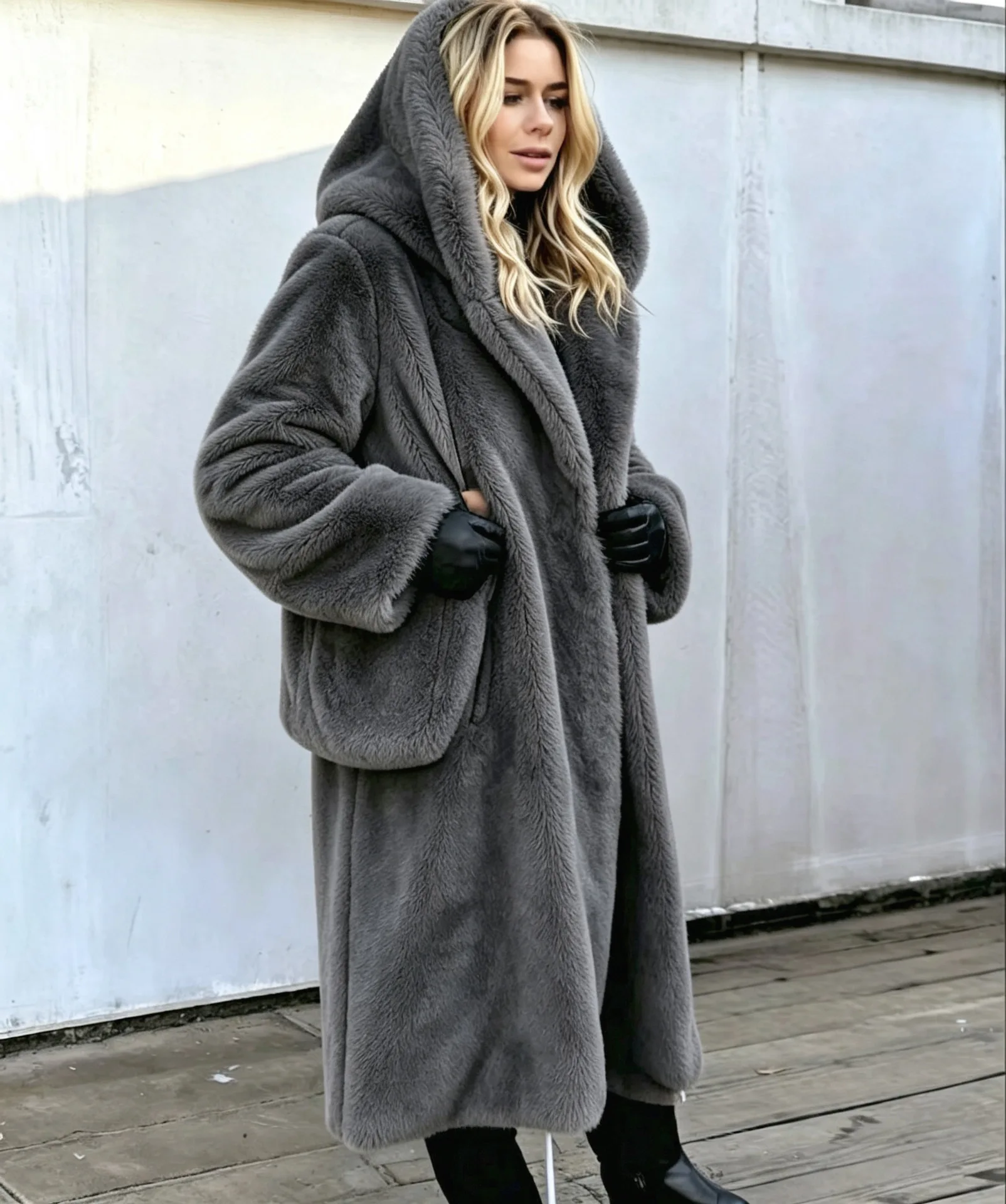 Women Faux Fur Coats Jackets Hooded Mid Length Coat Thick Warm Y2k Streetwear Jacket Elegant Work Outerwear Autumn Winter